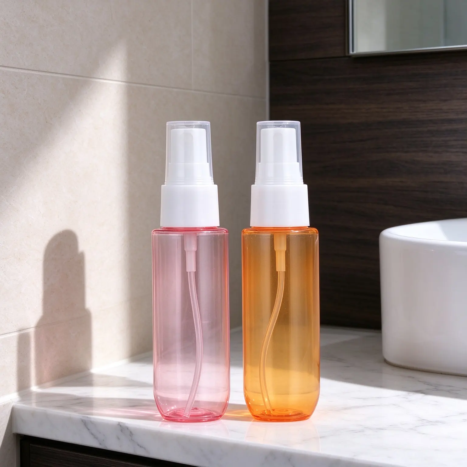 Empty PET plastic lotion bottle, 30ml fine mist perfume spray bottle for body mist packaging