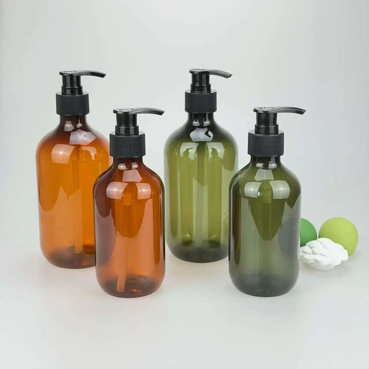 Luxury Transparent Brown-Green 300ml PET Press Pump Bottle, Shampoo & Hair Cream Cosmetic Packaging