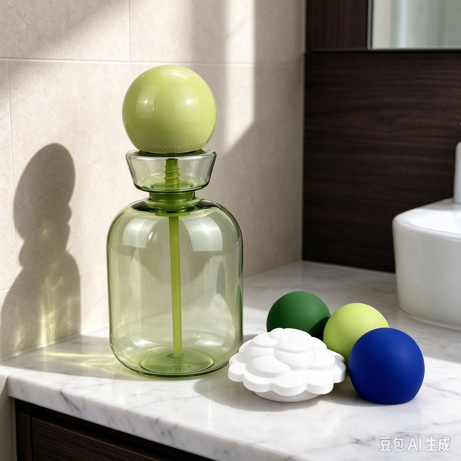 This is a colorful PET pump bottle with interchangeable ball-shaped caps, primarily designed as an oral rinse/mouthwash dispenser.Colorful mouthwash dispenser