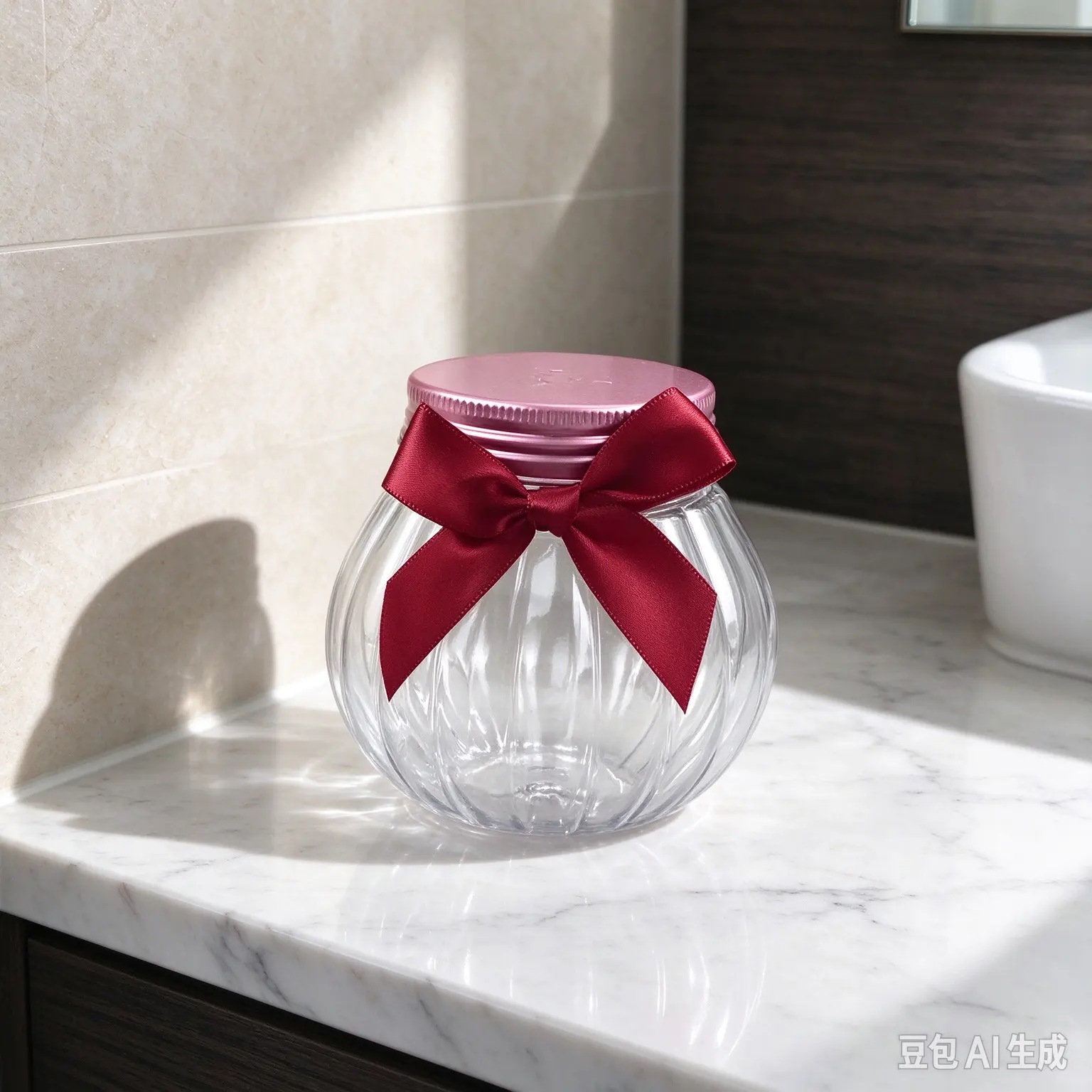 Custom 150ml food grade PET pumpkin shaped plastic jar with pink lid and red bow for candy and aromatherapy packaging