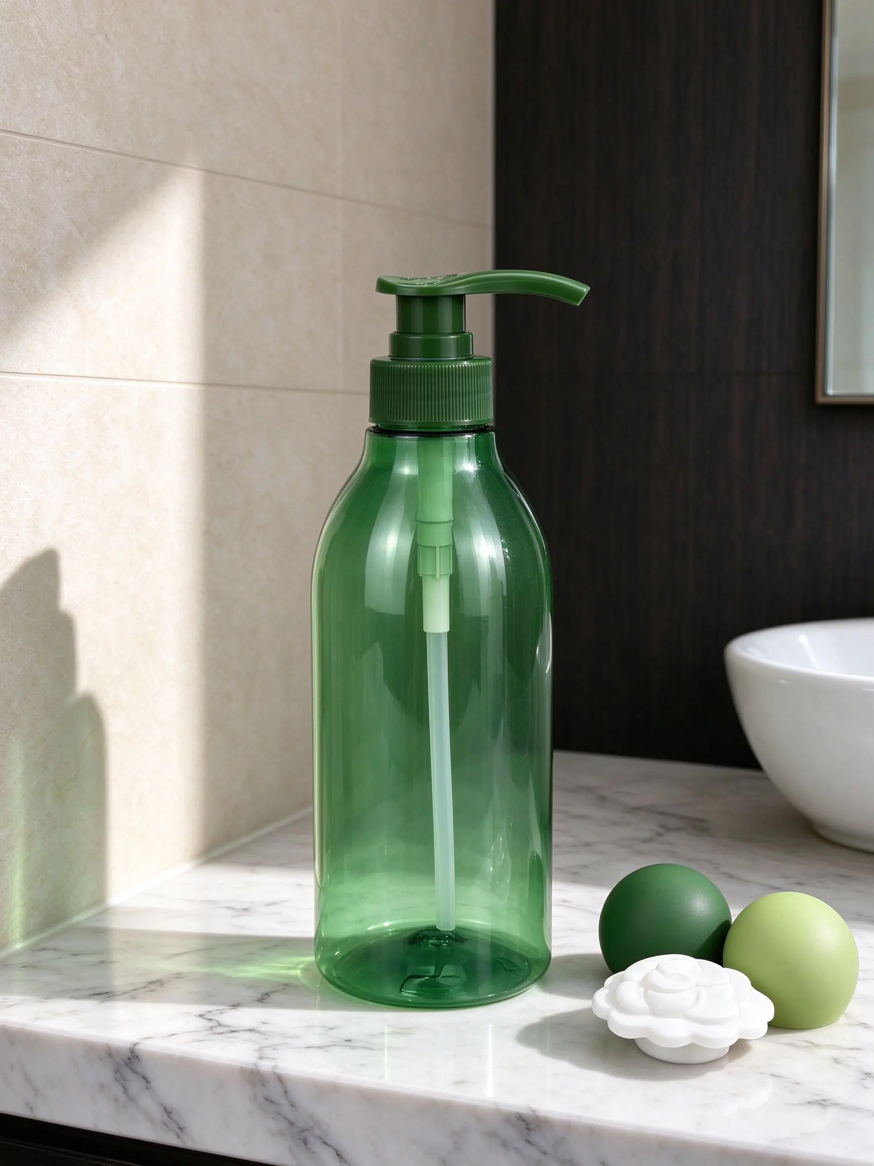 500ml Transparent Green Round PET Boston Bottle Luxury Press Pump Bottle For Daily Cosmetic Hair Care Packaging