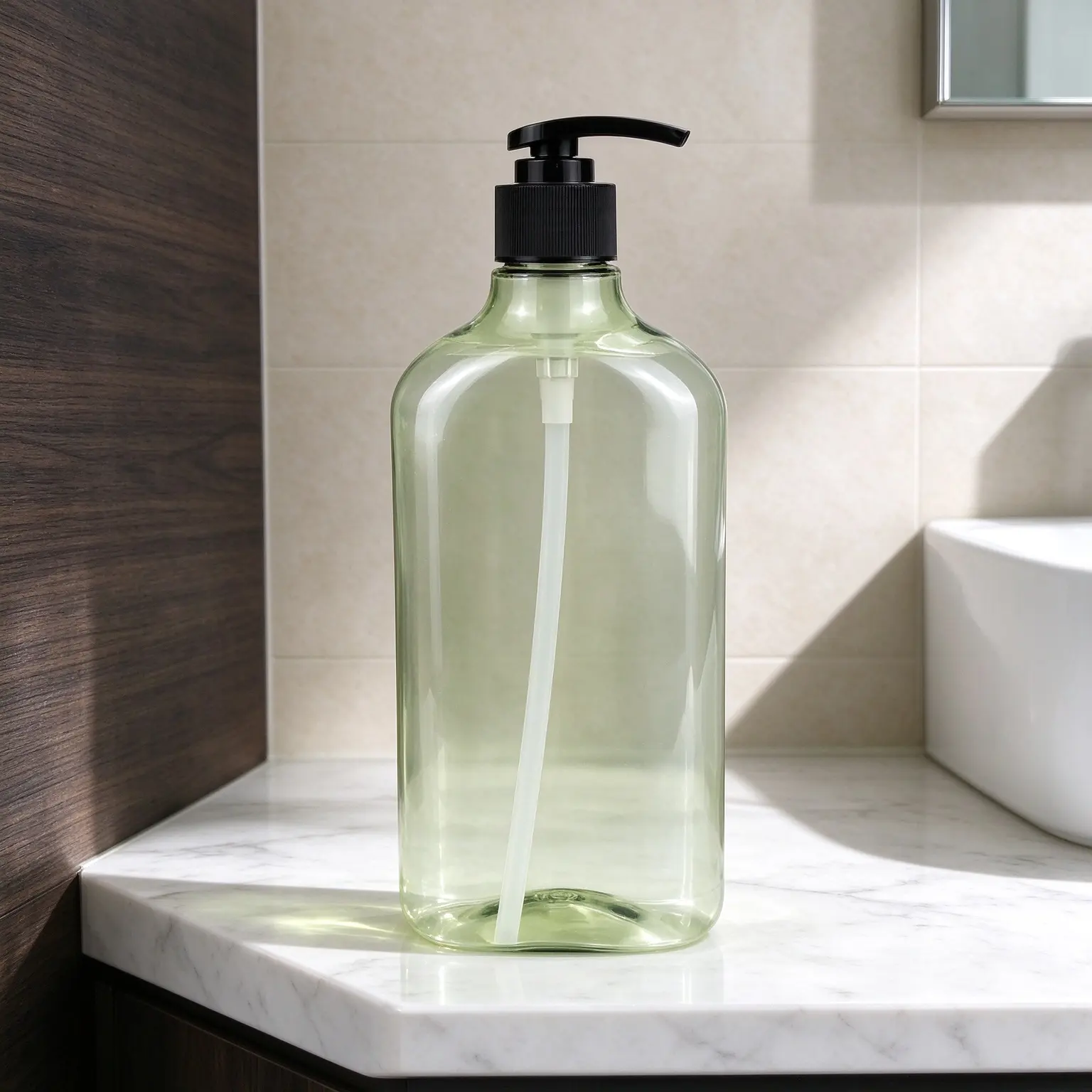 500ml Semi Transparent Green PET Flat Bottle Luxury Leak Proof PET Pump Bottle For Lotion Body Wash Shampoo