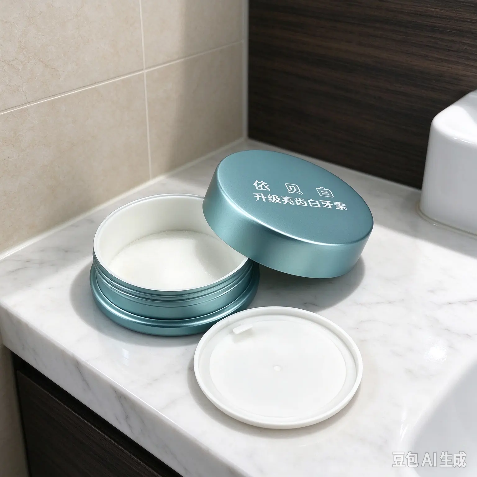 Custom metallic teal food grade PP tooth powder jar with screw lid and inner plug for teeth whitening dental powder packaging