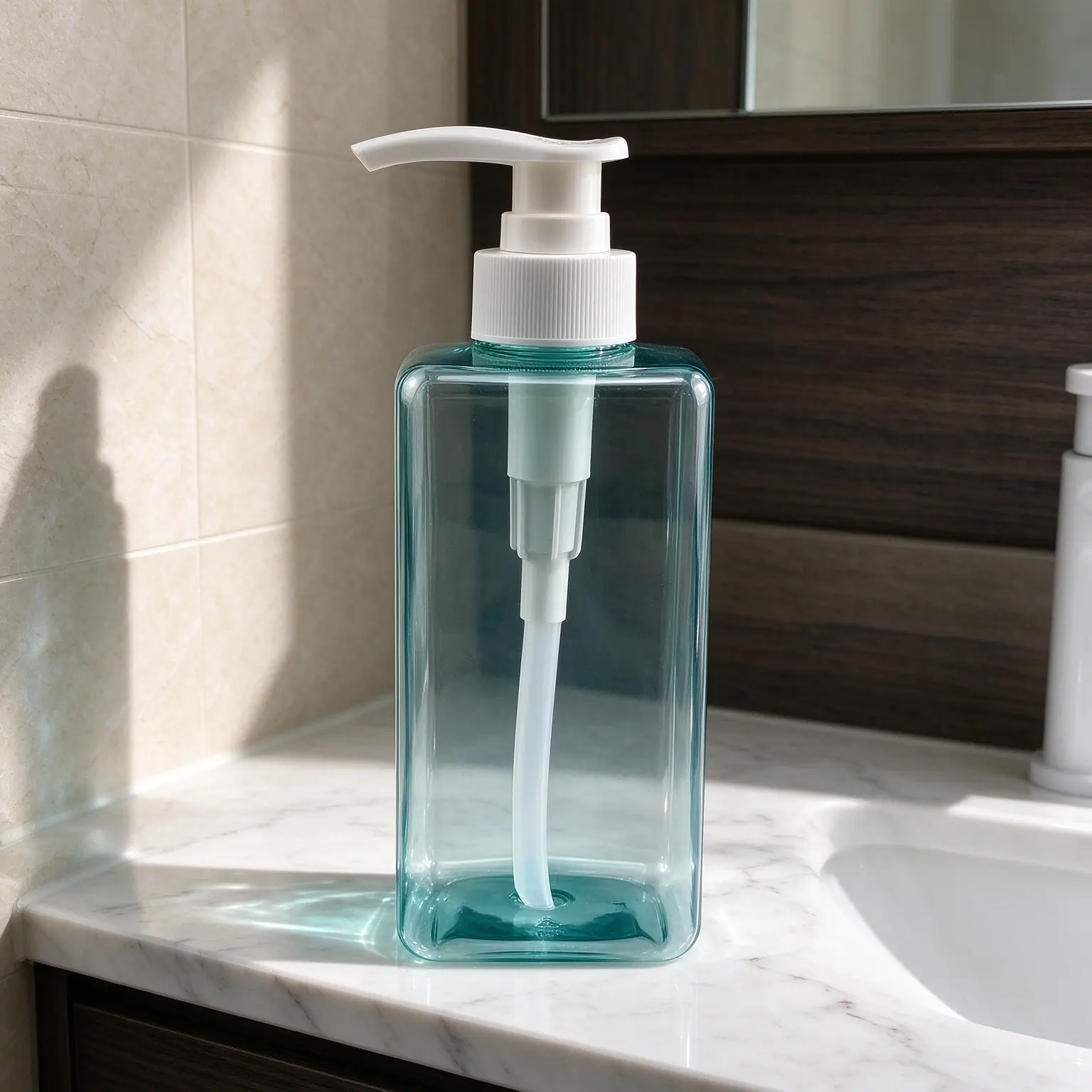 Square Light Blue PET Pump Bottle High-End Dispenser For Liquid Soap And Shampoo