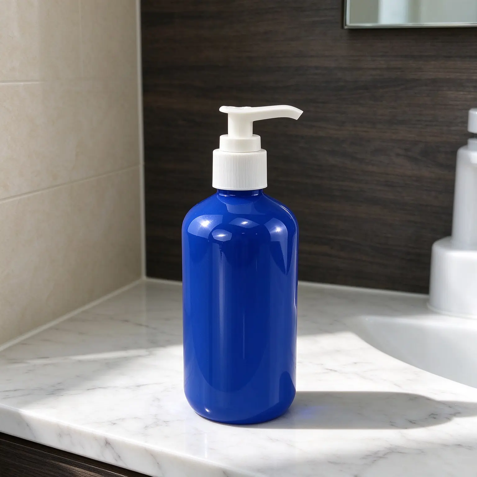Cobalt blue cylindrical plastic bottle with custom logo, ideal for shampoo and body wash storage