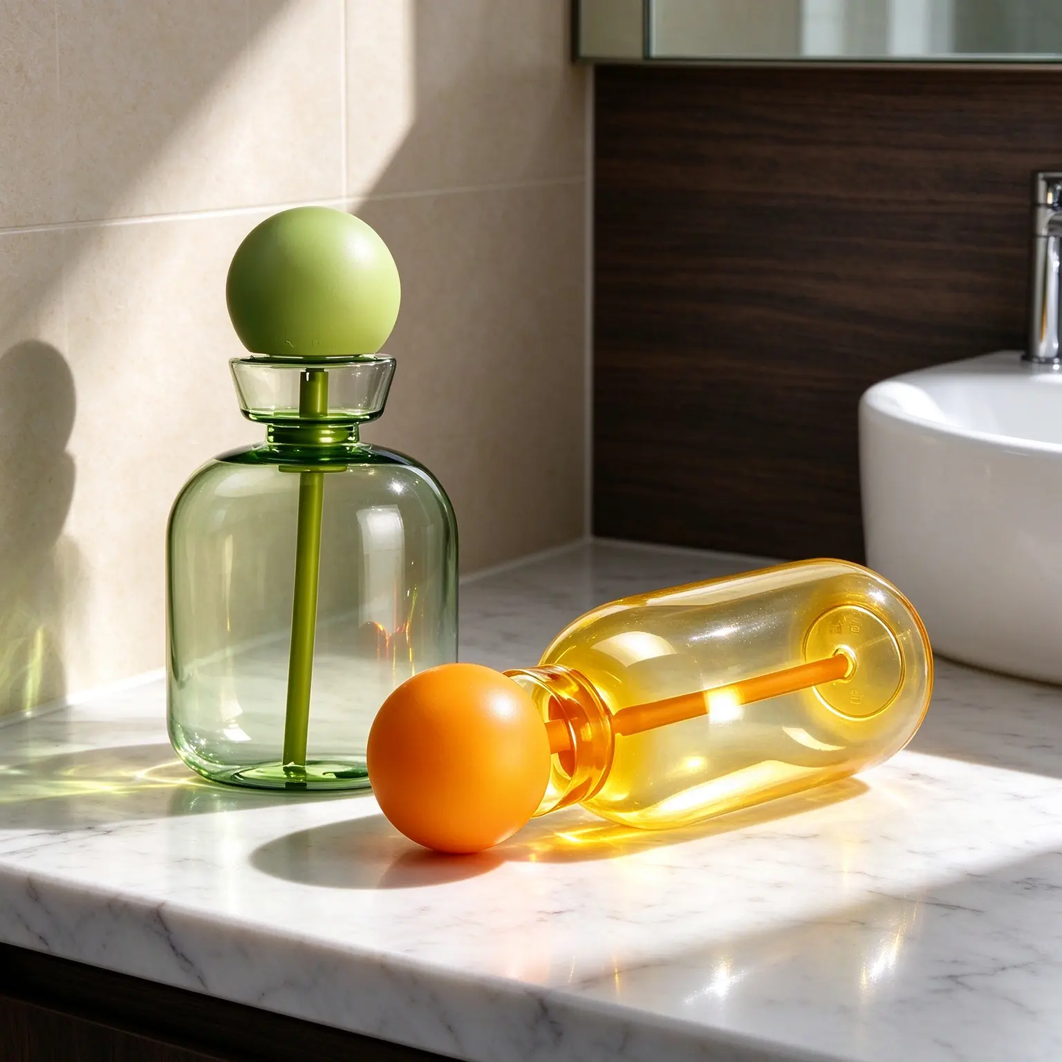 Empty glass mouthwash bottle with colorful ball cap, refillable liquid container for bathroom oral rinse