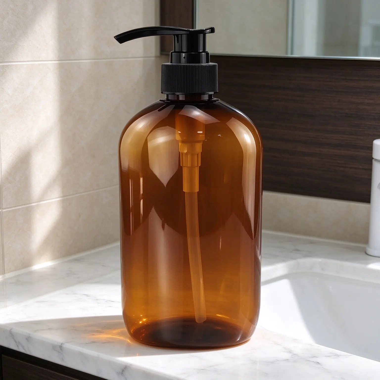 UV Protection High-End Trendy Amber 600ml Flat PET Pump Bottle For Shampoo Body Wash