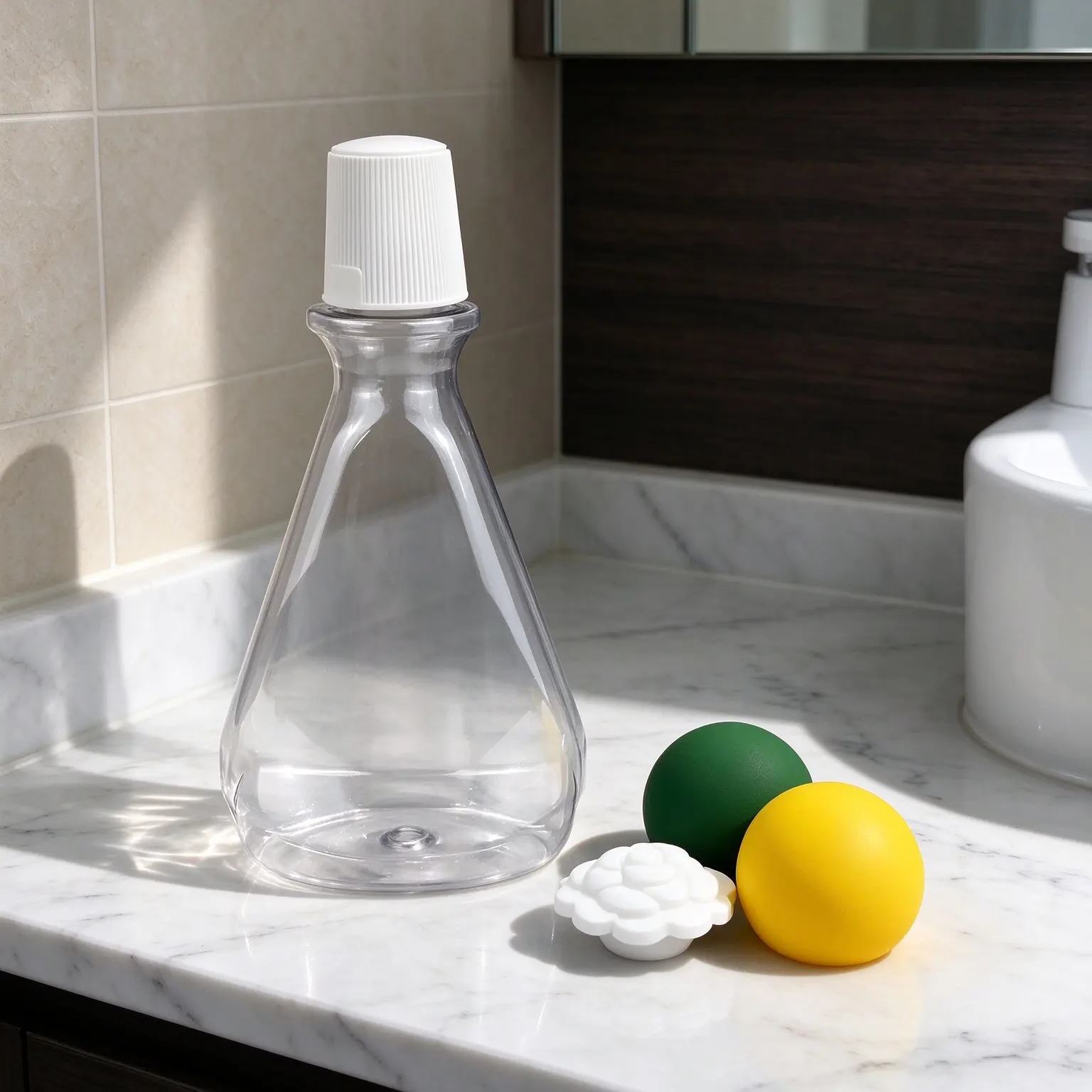 Safe and durable Oral Rinse Storage Bottle made of food-grade clear PET. 210ml conical shape with tight-sealing cap, perfect for retail and commercial oral care packaging.