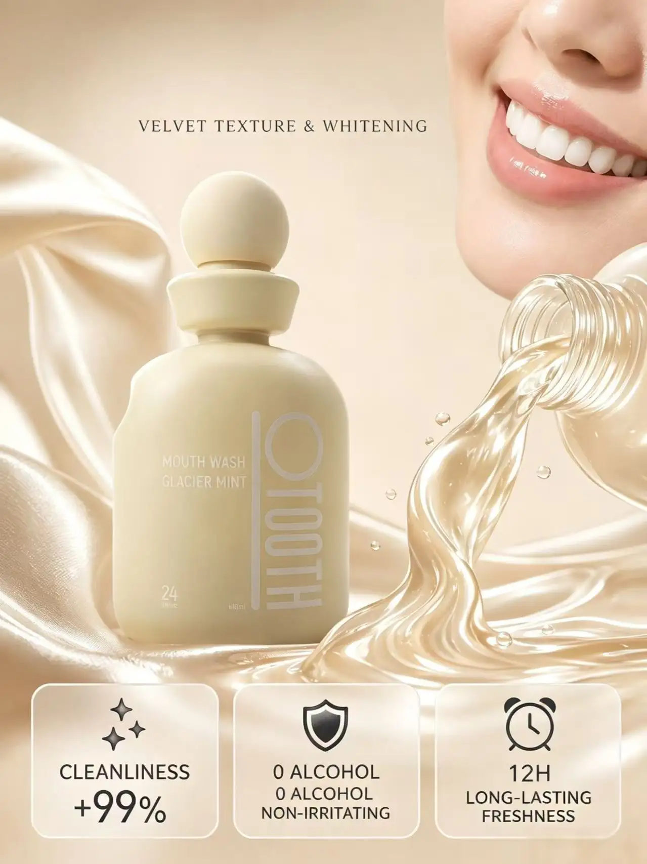 410ml Matte Cream Beige PET Mouthwash Bottle Spherical Ball Cap Dental Care Container