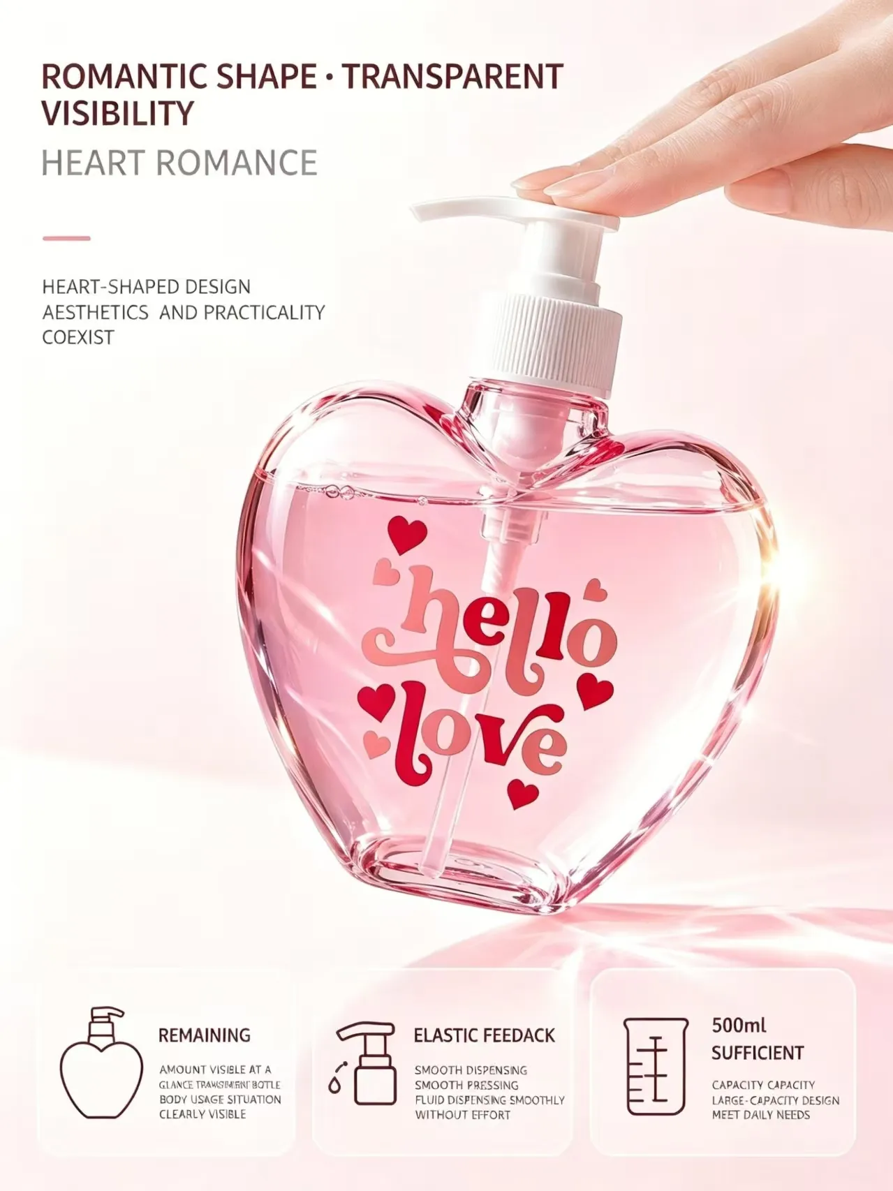 Heart Shape Pink PET Pump Bottle Hello Love Print White Dispenser Hand Soap Pet Lotion Container