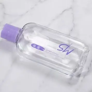 Clear flat rectangular PET plastic refill bottle with purple screw cap custom printed logo travel cosmetic liquid container
