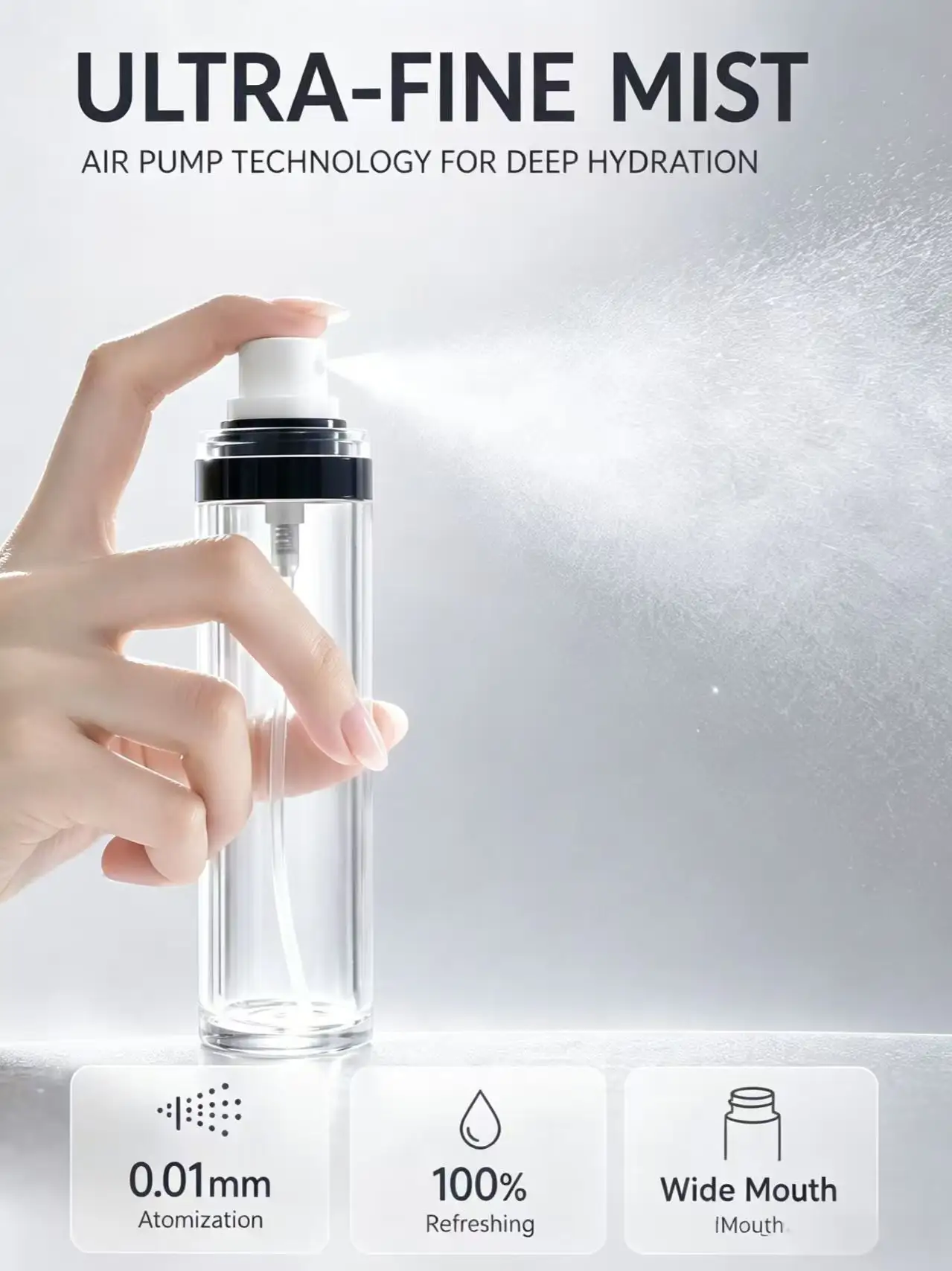 Clear Cylindrical PET Fine Mist Spray Bottle White Sprayer Pet Deodorant Travel Container