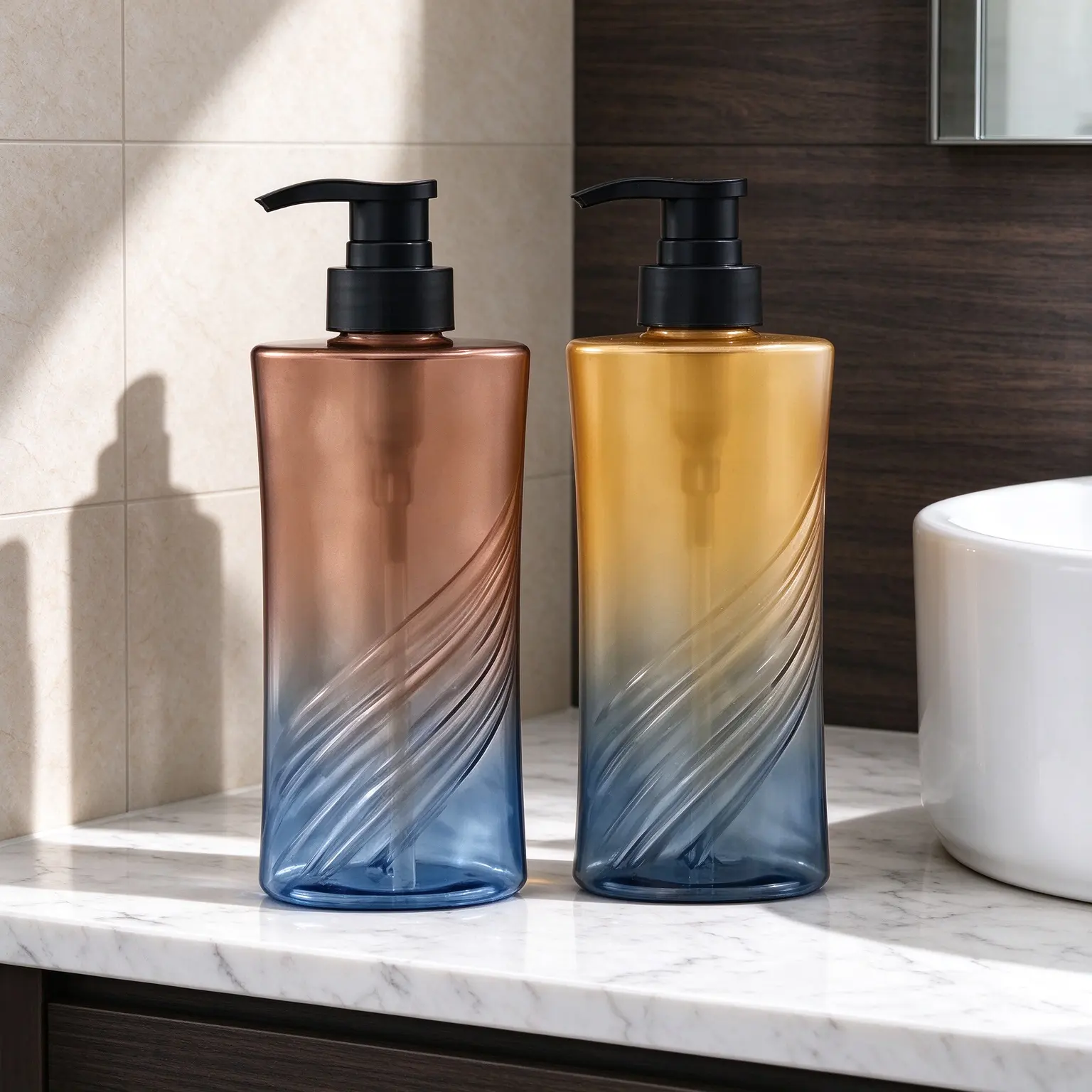 gradient swirl pump bottle This flat rectangular bottle set features unique diagonal spiral embossed texture on the lower half