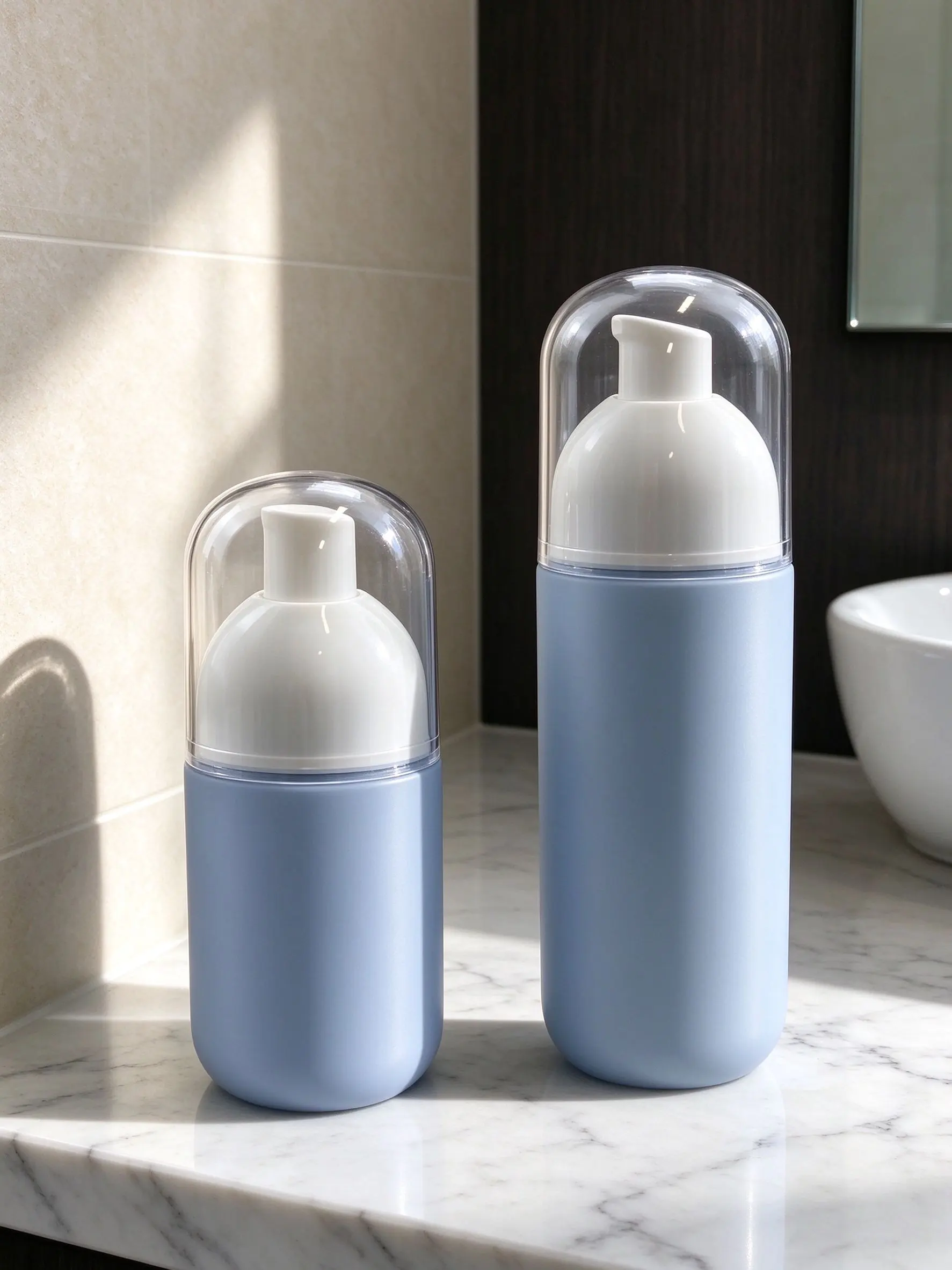 Blue Matte Round PET Pump Bottle Clear Dome Dust Cap Refillable Dispenser 90ml60ml30ml