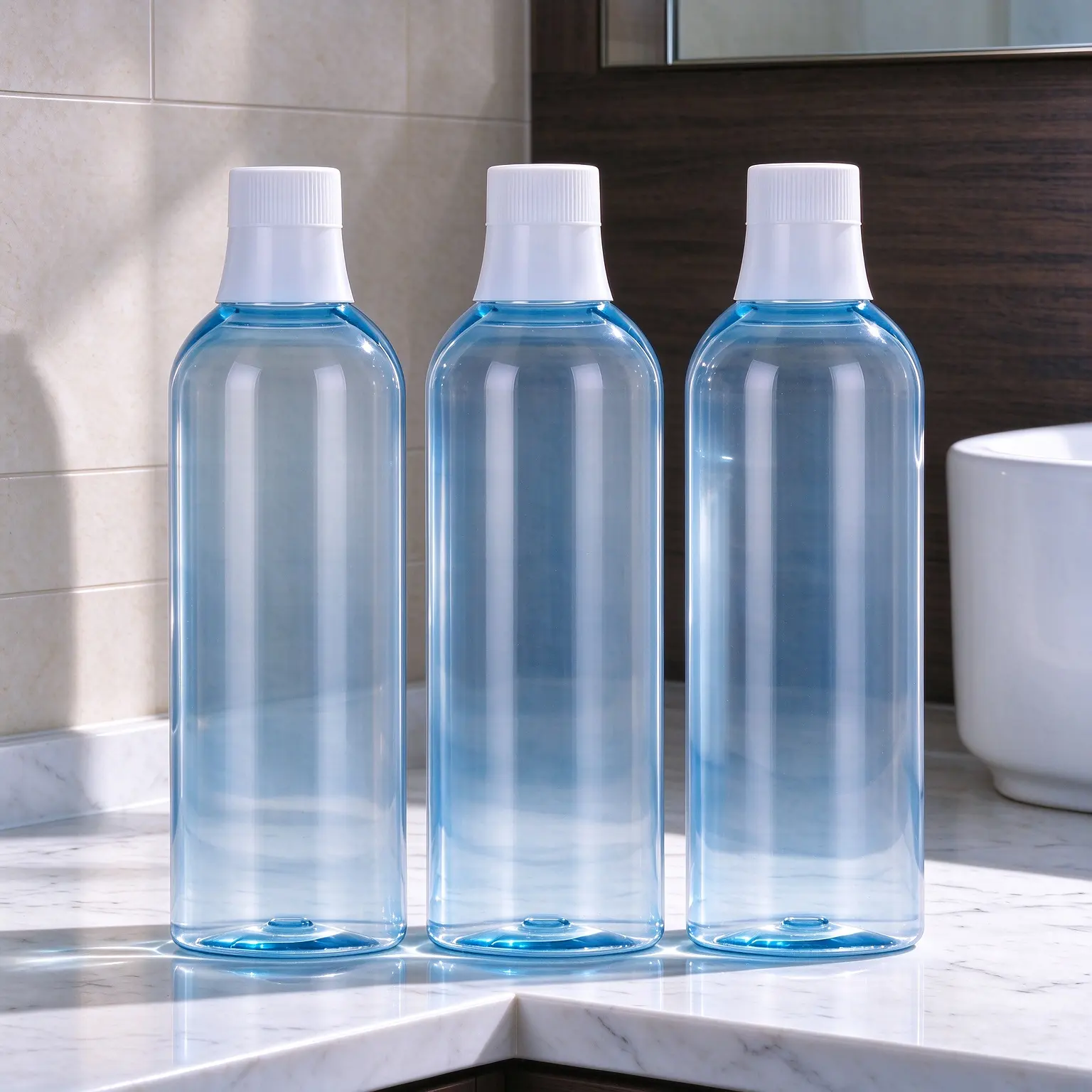 300ml 500ml Transparent Blue Food Grade Custom PET Mouthwash Bottle Oral Care Cosmetic Container
