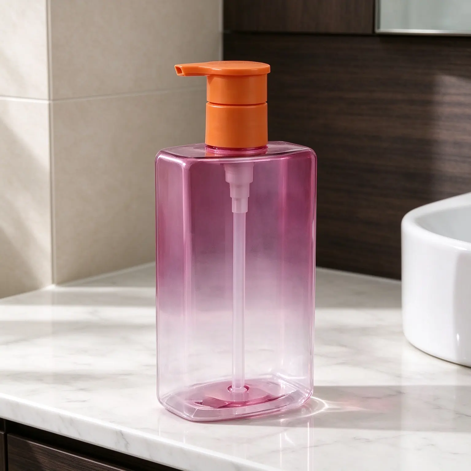Gradient Pink Flat Square PET Pump Bottle Orange Press Dispenser Shampoo Body Wash Pet Lotion Container