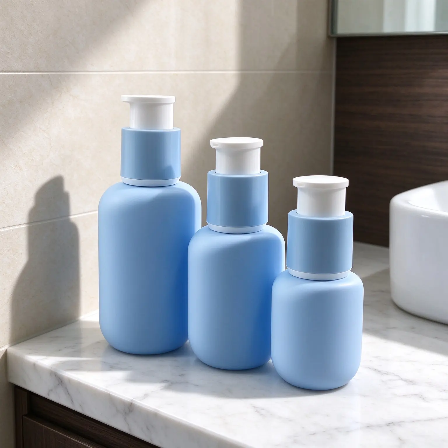 Multi-size matte blue rounded pump bottles for matched pet grooming sets, stable chubby base won’t slide over during pet washing.