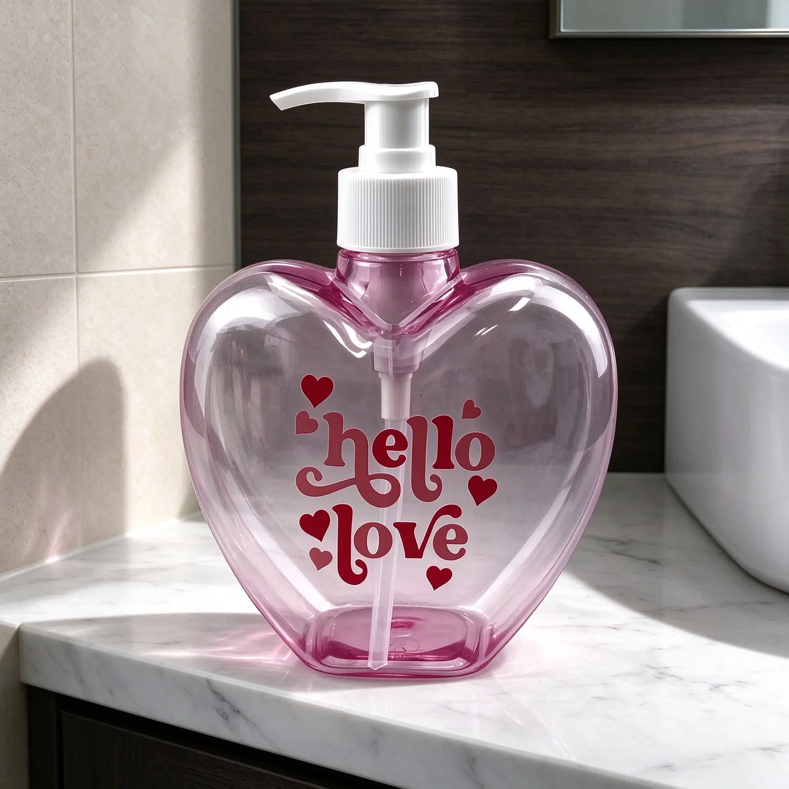 Heart Shape Pink PET Pump Bottle Hello Love Print White Dispenser Hand Soap Pet Lotion Container