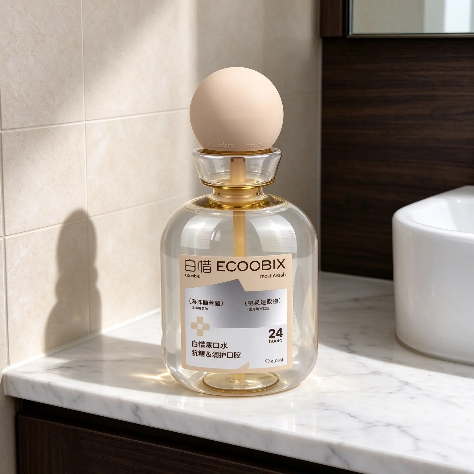 249ml PET mouthwash bottle comes with professional measuring structure to realize precise quantitative liquid dispensing.