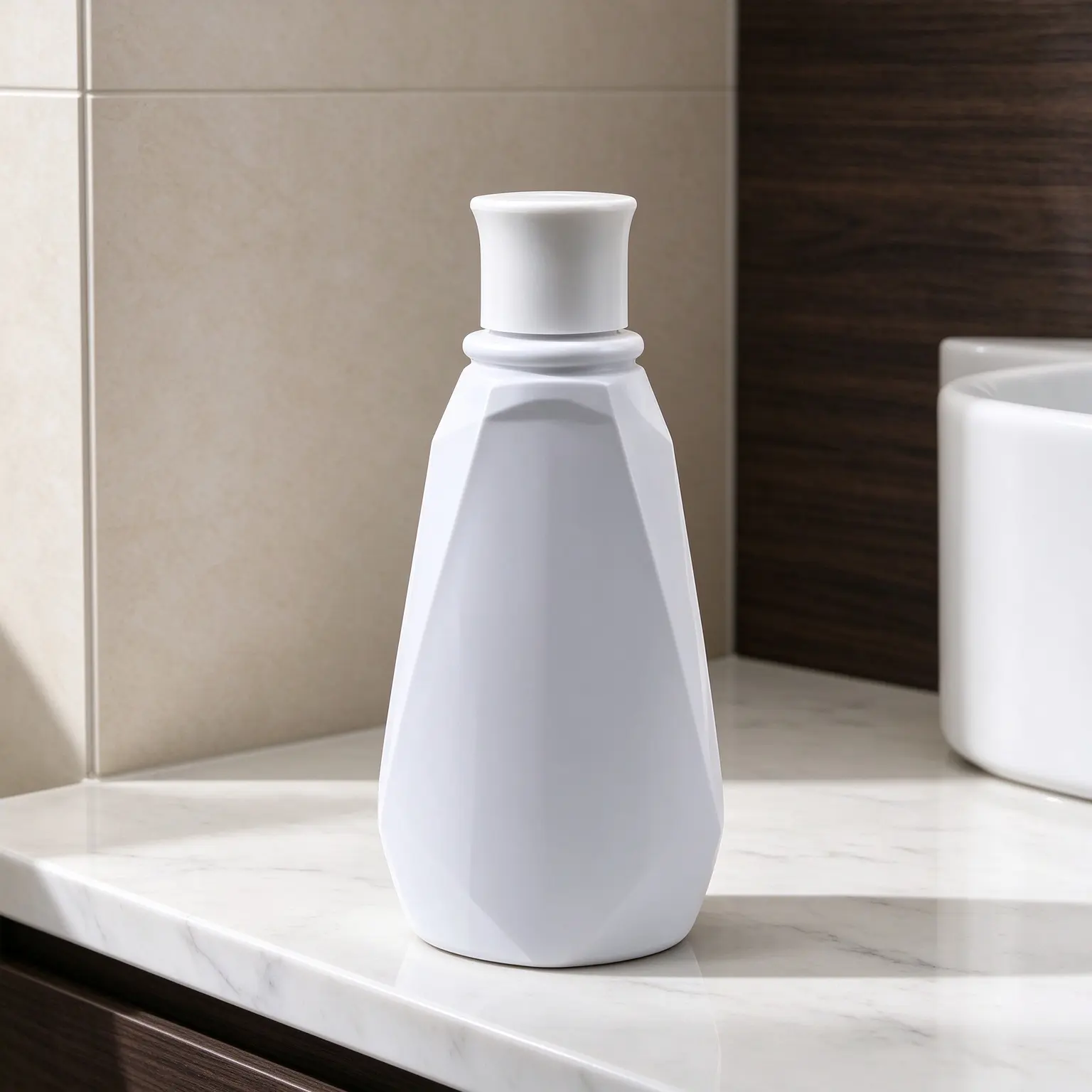 This stylish faceted PET bottle works as a premium refill container for shampoo, body wash, mouthwash and facial toner, perfect packaging for beauty brands, hotel bathroom amenities and oral care product lines.