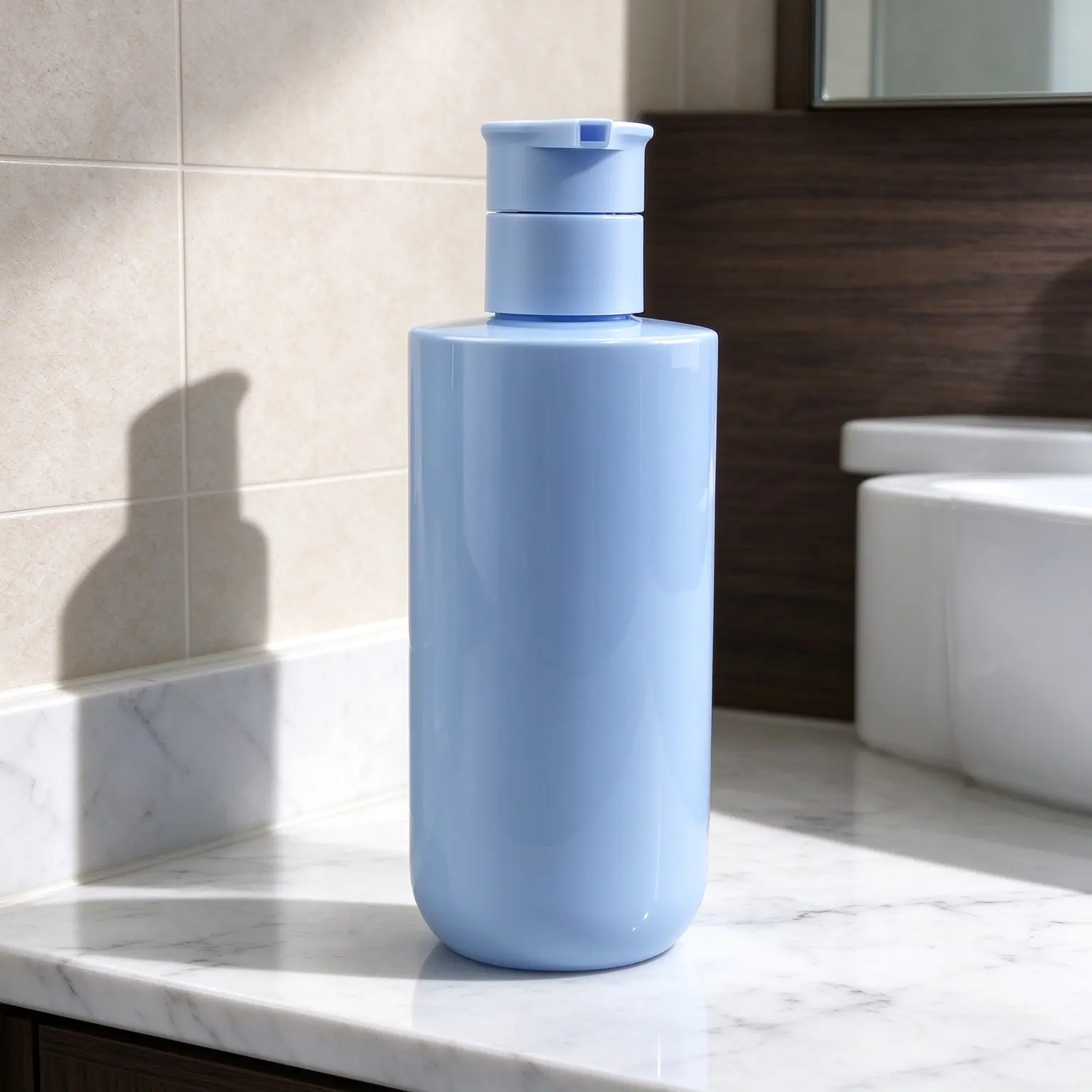 glossy blue flip top bottle This short rounded PET bottle adopts glossy bright opaque light blue body matched with integrated same-color
