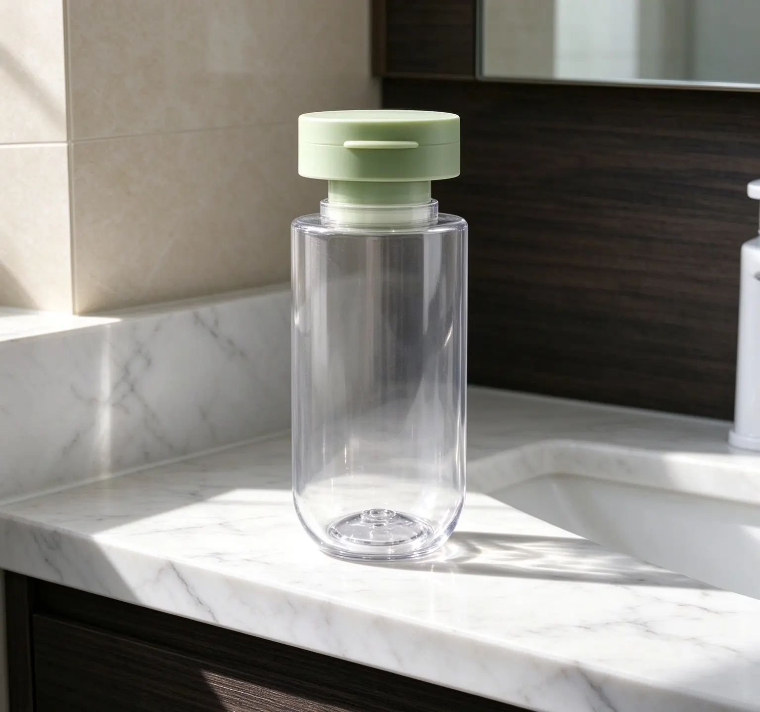 refillable snap lid bottle This rounded cylindrical PET bottle adopts full high-transparent body, paired fresh matcha green