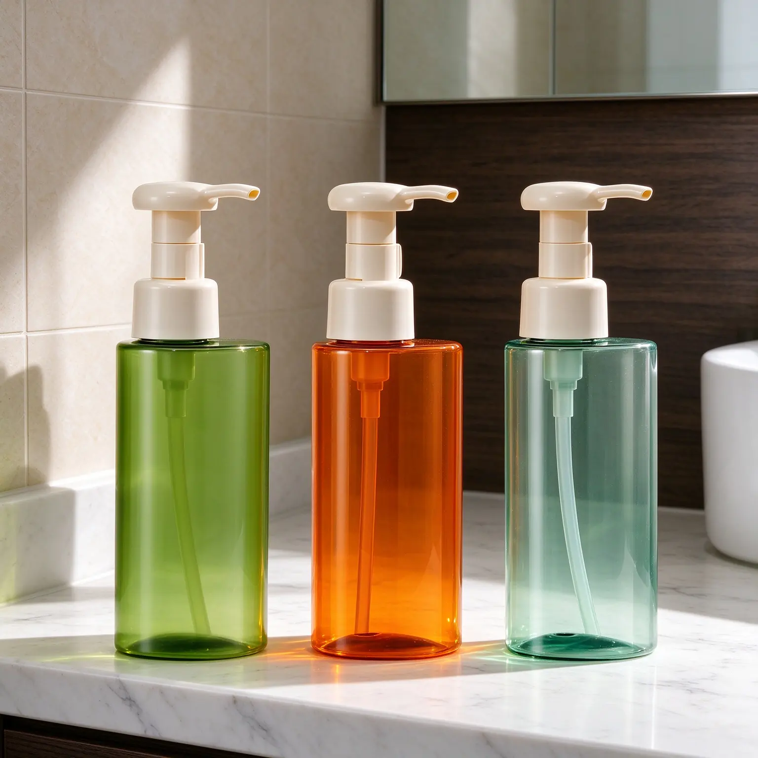 Transparent Green Irregular Curved PET Pump Bottle Lockable White Dispenser Pet Shampoo Lotion Container