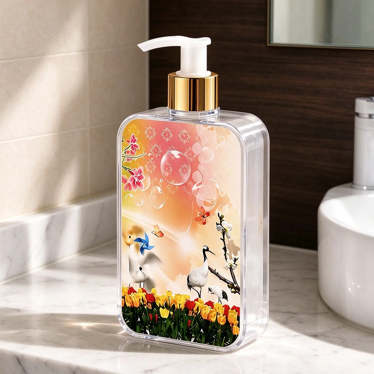 flat square pump bottle This flat rectangular PET bottle adopts wide flat stable body design , high transparent bottle wall supports