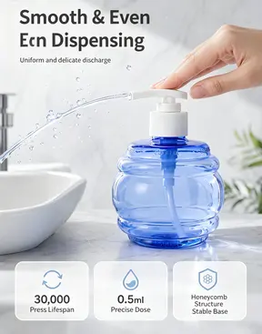 White square empty plastic lotion pump bottle with silver press pump head and clear dust cap, refillable cosmetic shampoo dispenser, plain white background product photo
