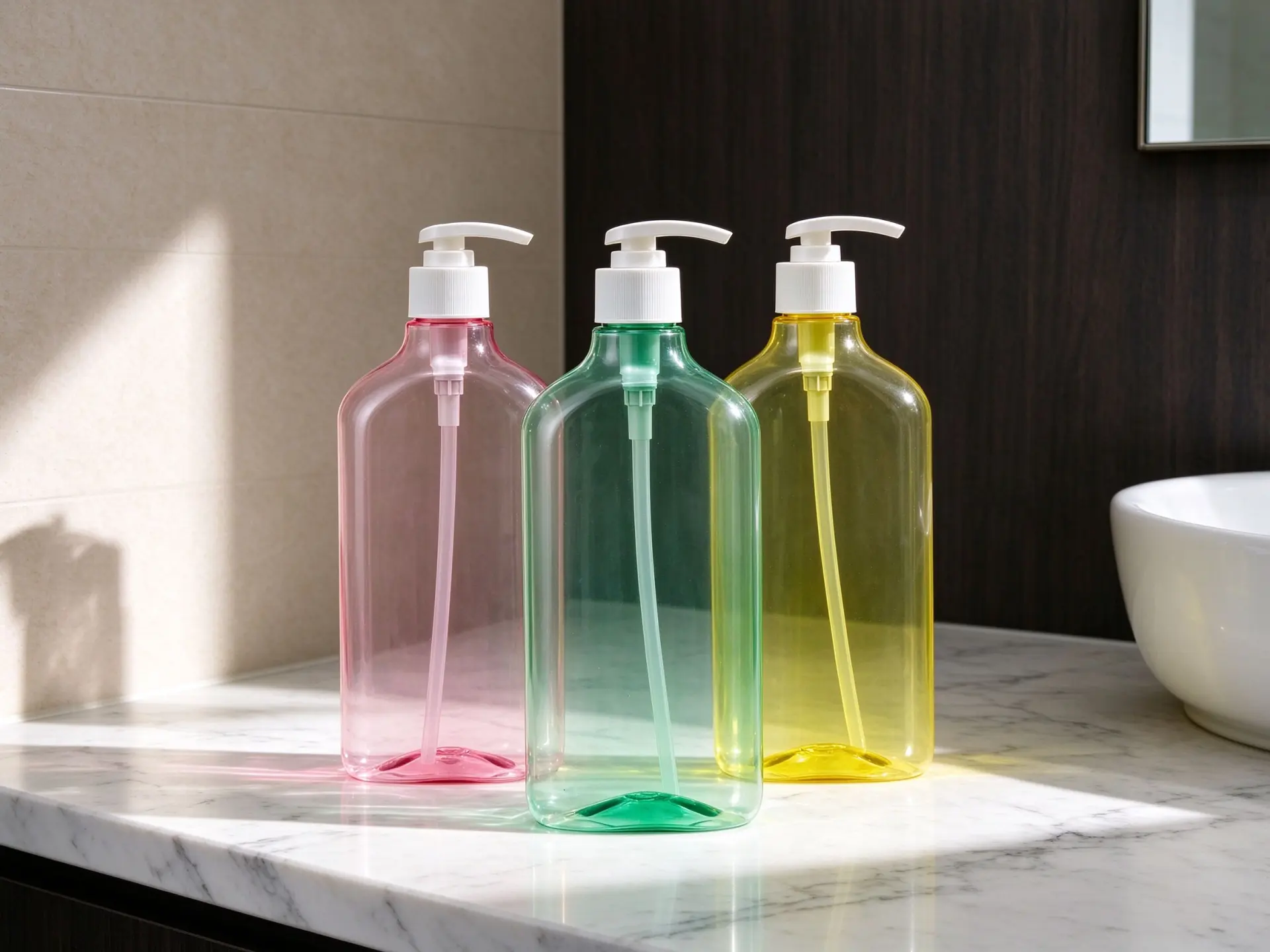 pink flat square lotion bottle is made of high-quality food-grade PET plastic, paired with a smooth white pump dispenser and duckbill nozzle.