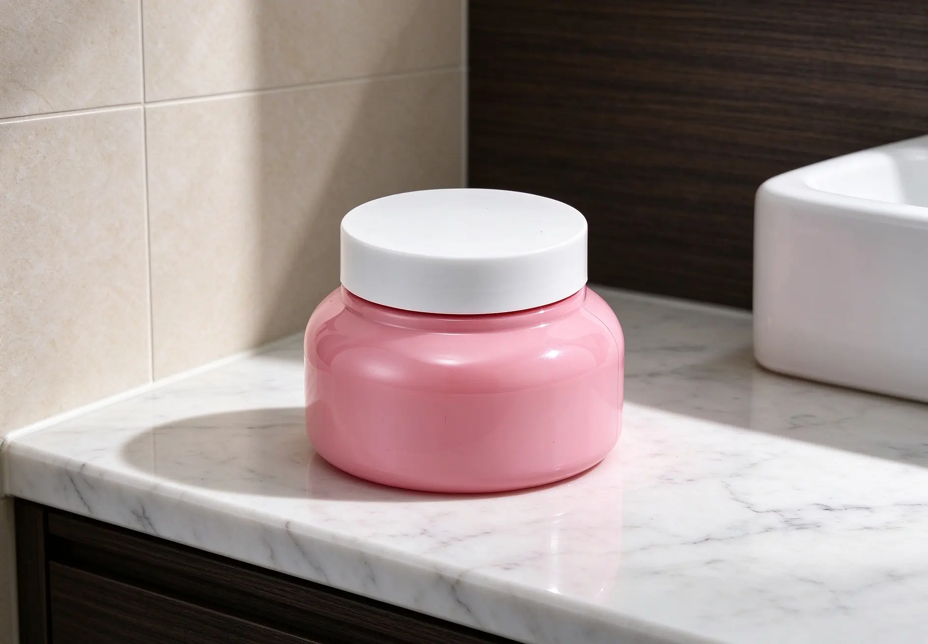 Chubby bulb‑form jar made of high‑gloss pink PET with plain white lid. The well‑fitted lid keeps contents freshpink glossy cream jar