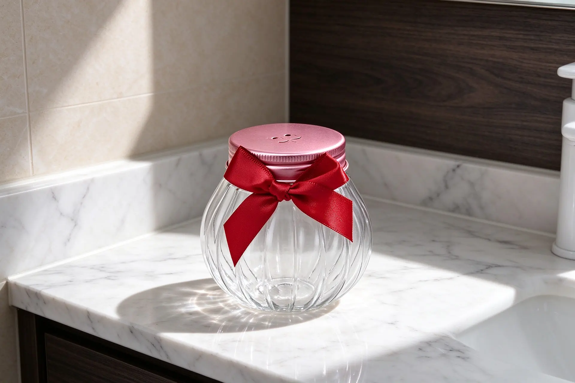 Christmas Pumpkin Glass Jar Pink Metal Lid Pet Spa Care Gift Container