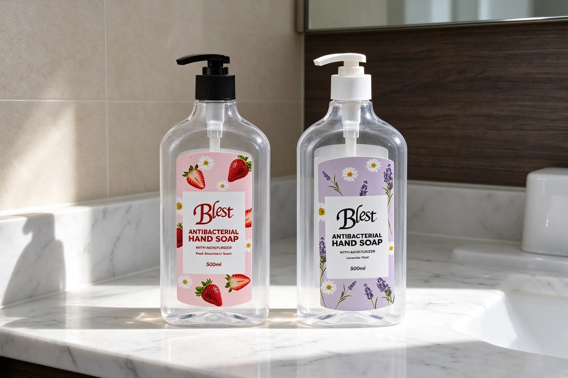 Clear transparent flat square empty PET hand soap pump bottle with black press pump dispenser, 500ml refillable liquid soap container, plain white background product photo