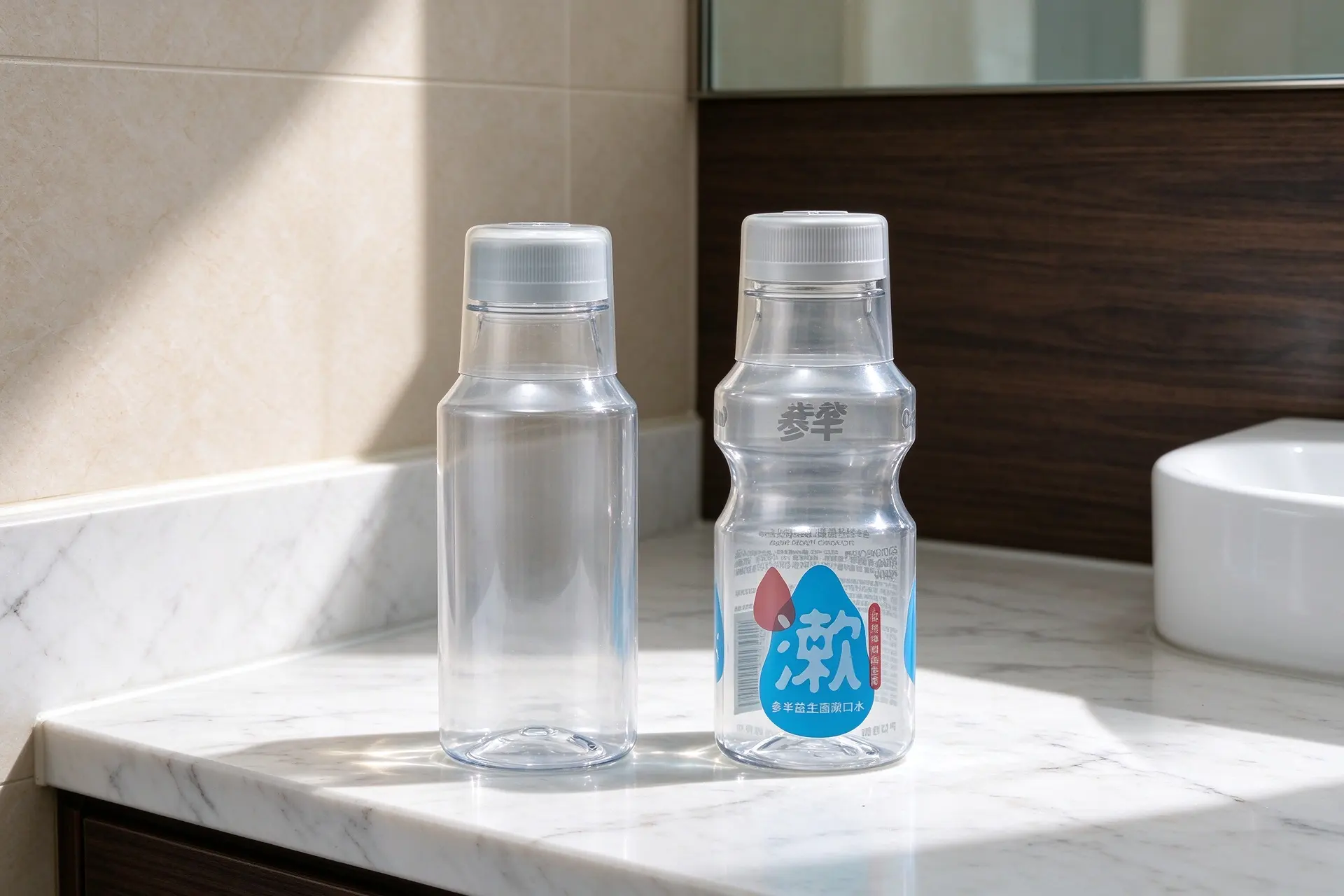 small clear transparent PET mouthwash bottle with waist curve design and clear screw cap, small travel size empty oral care liquid container, plain white background product photo