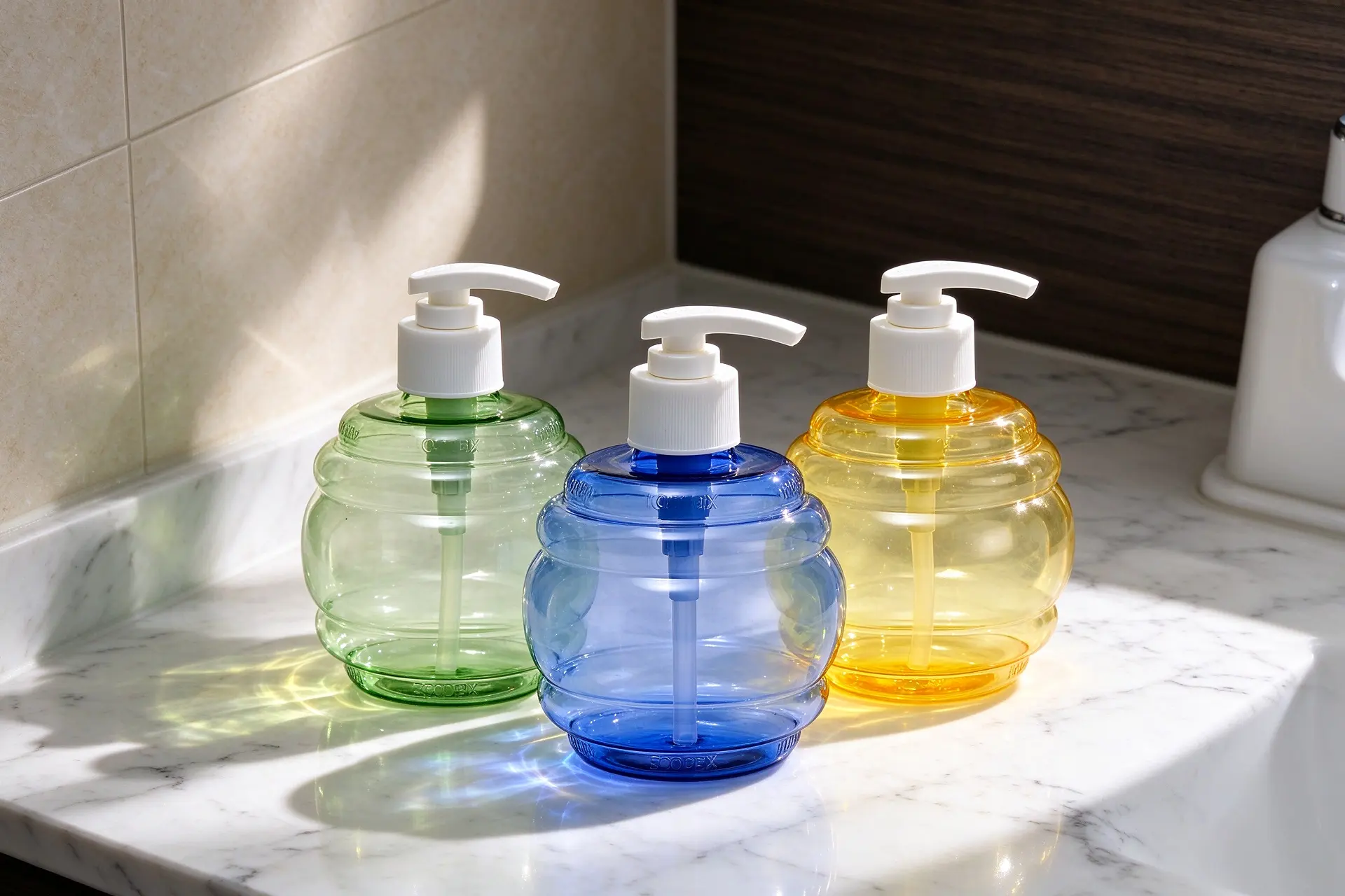 White square empty plastic lotion pump bottle with silver press pump head and clear dust cap, refillable cosmetic shampoo dispenser, plain white background product photo
