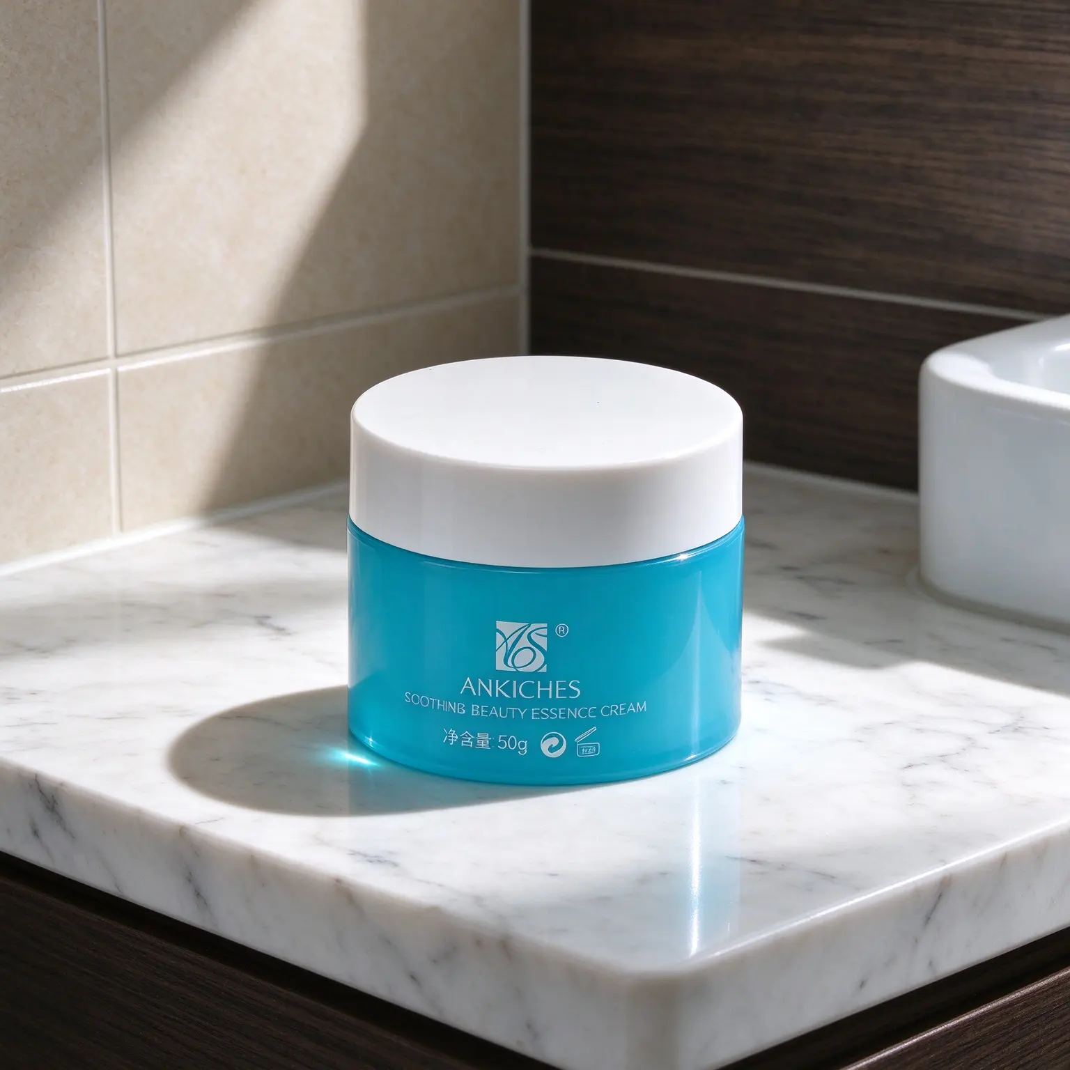 blue cylindrical cream jar Short cylindrical glossy blue PET jar paired with minimalist white lid, 50g standard capacity.