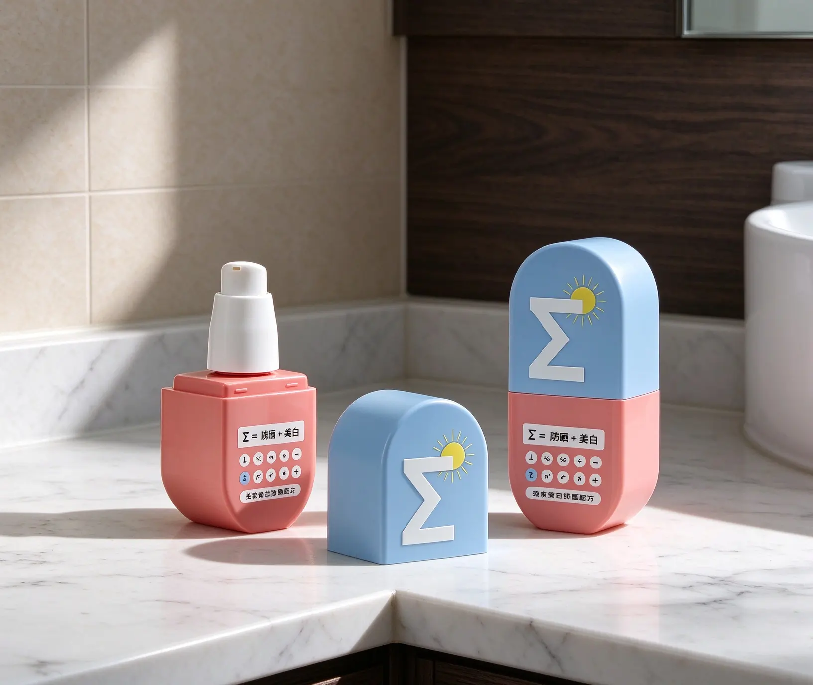capsule sunscreen bottle two‑toned matte PET bottle with ergonomic short pump. Compact pocket‑friendly size fits outdoor travel.