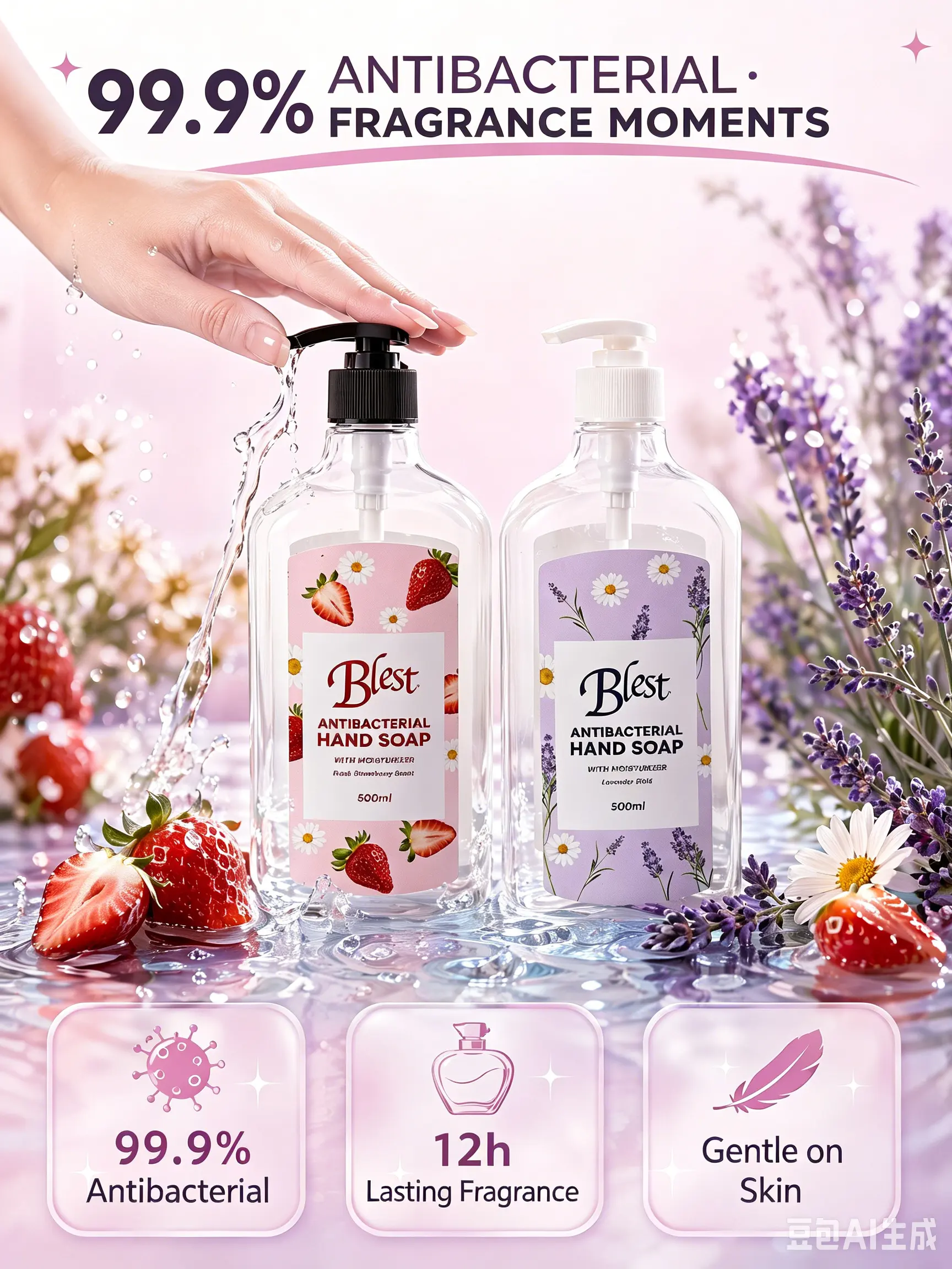 Clear transparent flat square empty PET hand soap pump bottle with black press pump dispenser, 500ml refillable liquid soap container, plain white background product photo