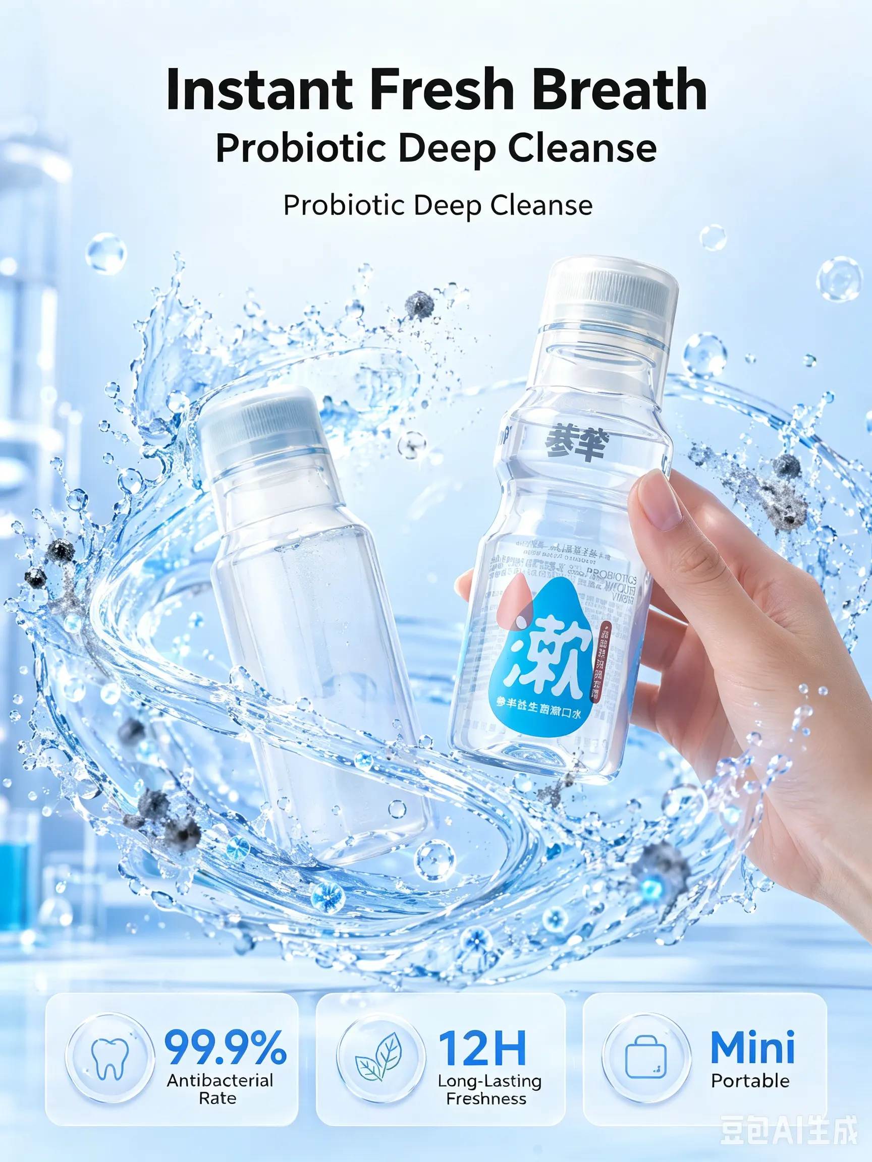 small clear transparent PET mouthwash bottle with waist curve design and clear screw cap, small travel size empty oral care liquid container, plain white background product photo