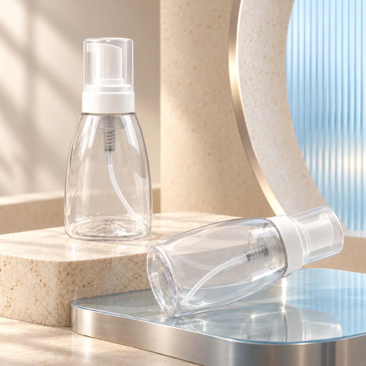 300ml transparent plastic foam pump bottle with white foamer, empty refillable cream dispenser for mousse facial cleanser