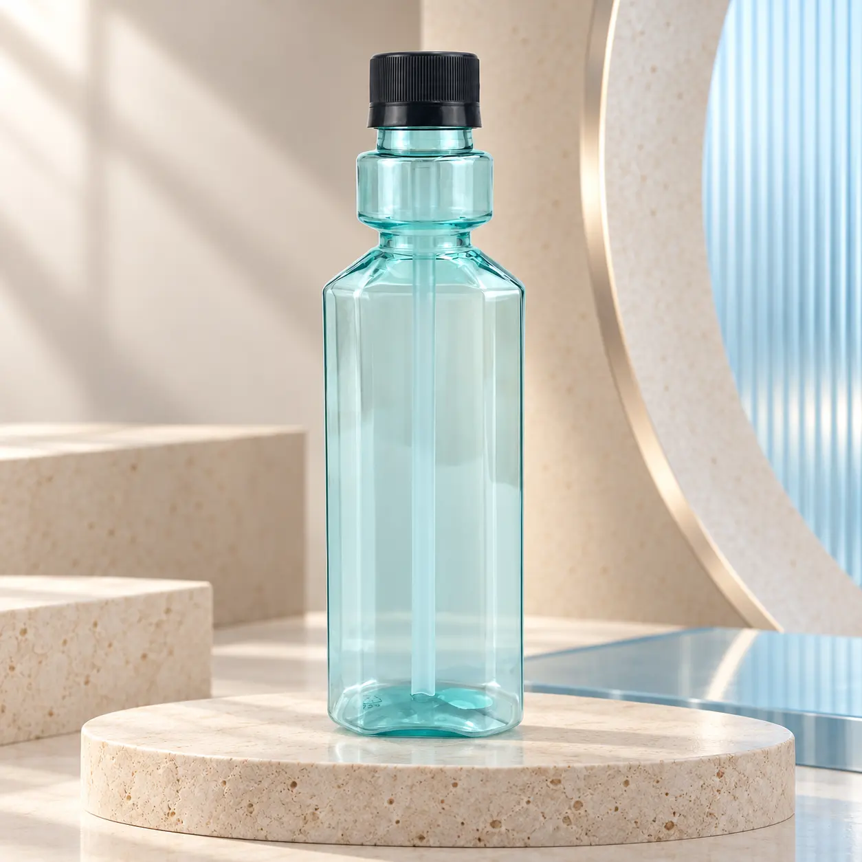 250ml transparent green square plastic mouthwash bottle with measuring dose chamber, empty bottle for oral care