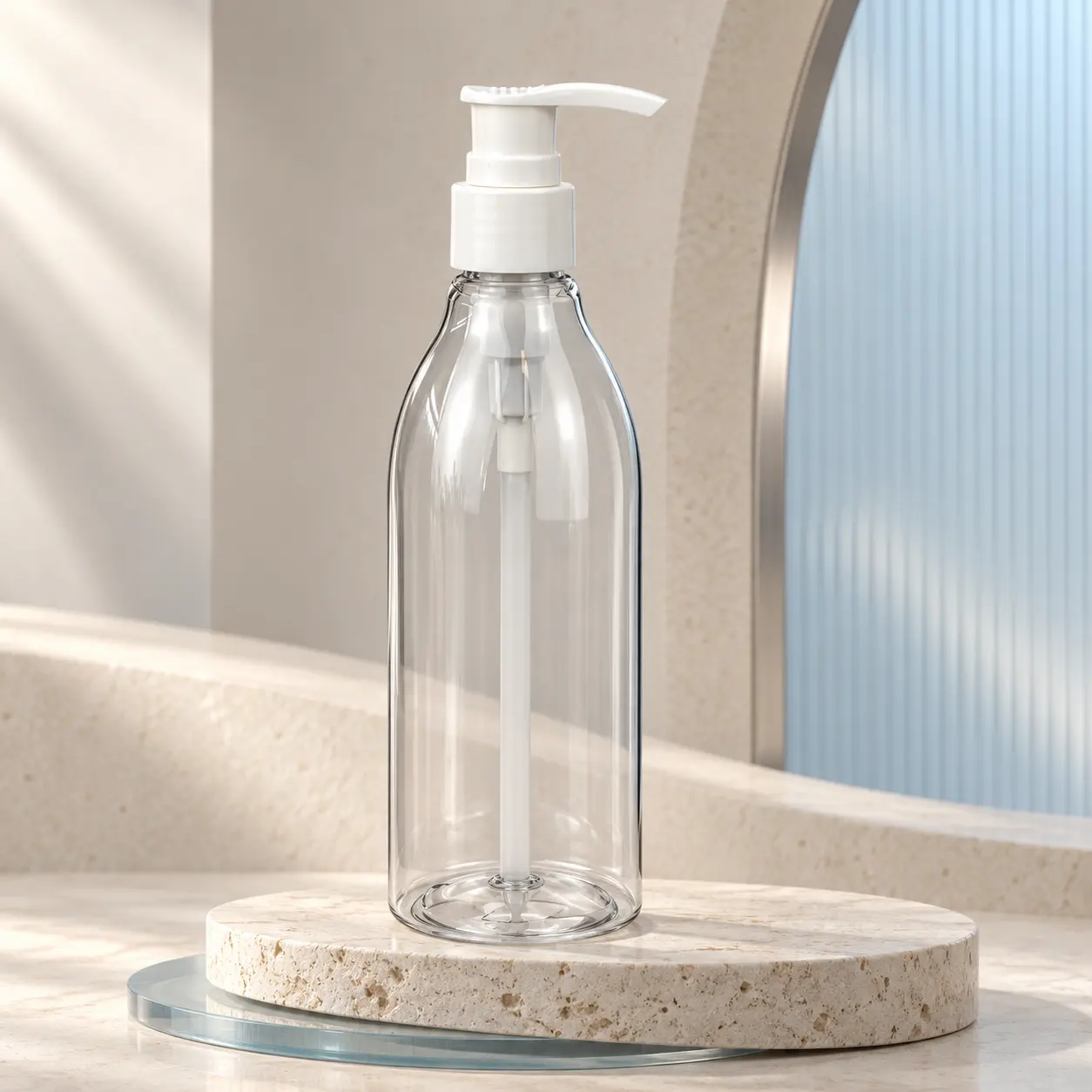 300ml clear Boston round plastic bottle with pump, reusable container for body lotion hand soap packaging