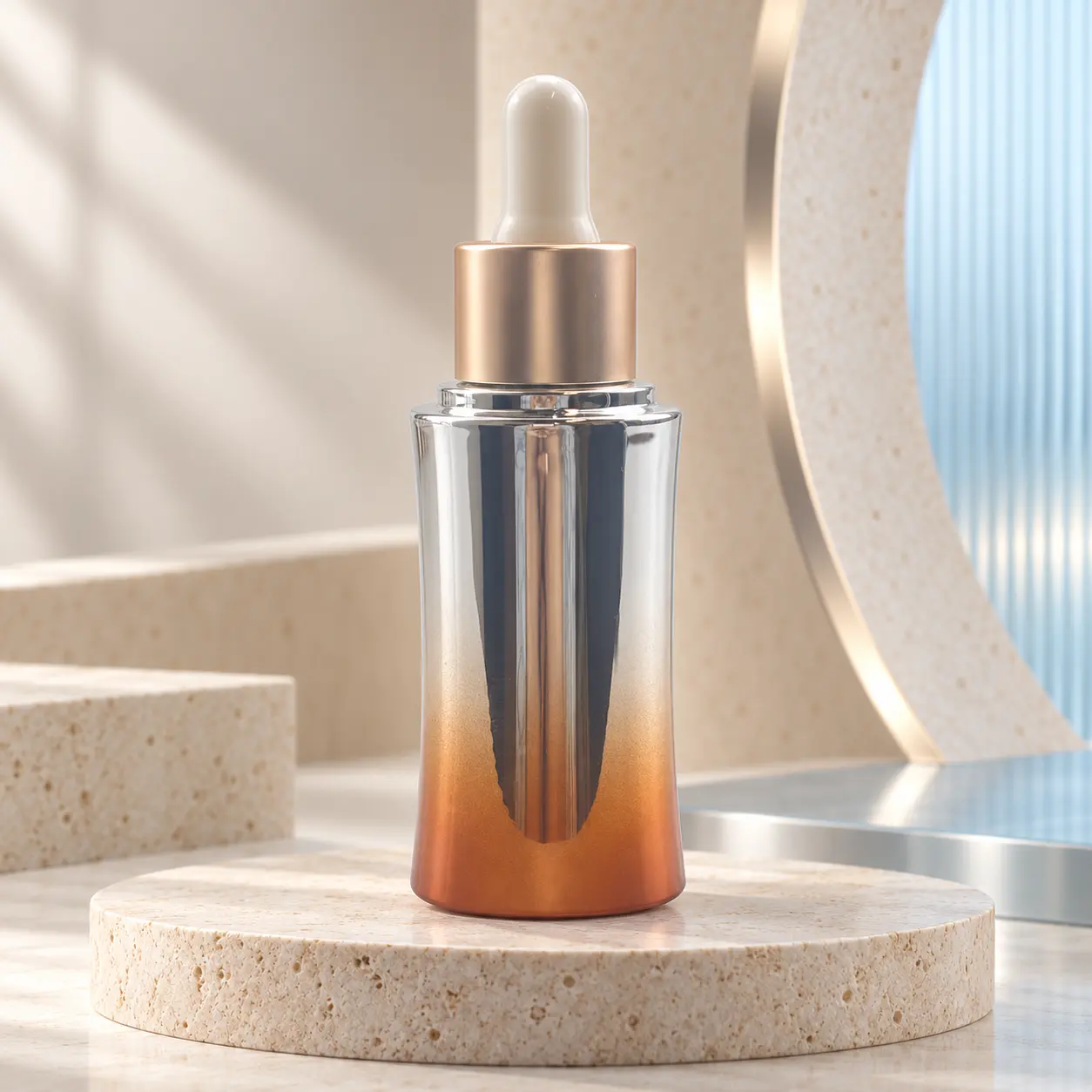 30ml silver gold gradient electroplated plastic luxury dropper bottle with white pipette, empty bottle for serum and facial oil