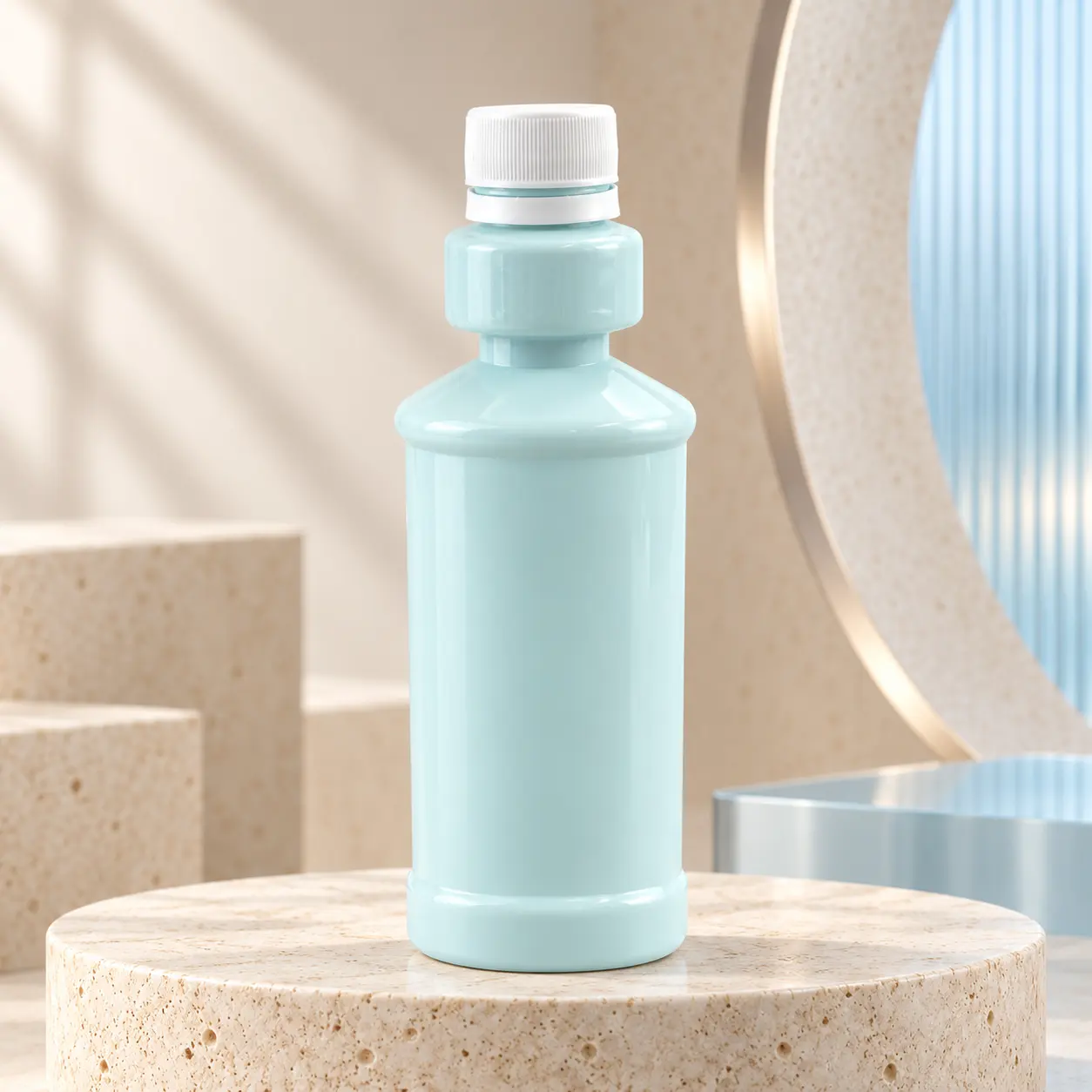 500ml light green mint plastic mouthwash bottle with white dose chamber cap, empty refillable bottle for mouthwash and oral rinse