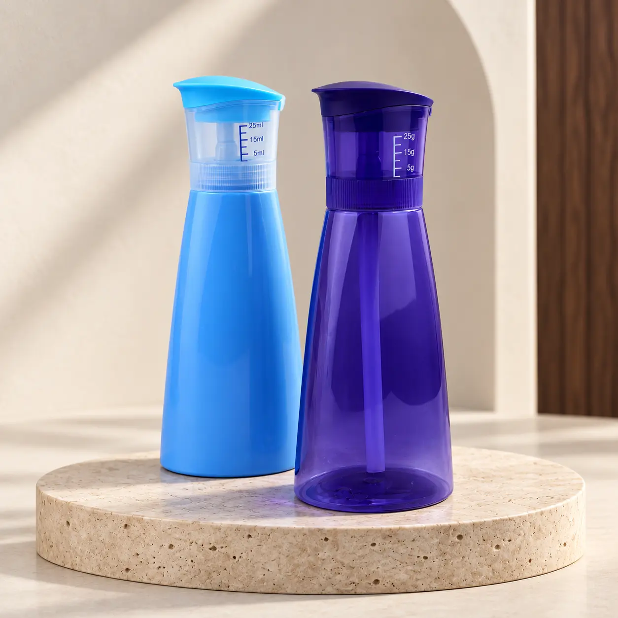 800ml flat violet plastic laundry detergent bottle with measuring chamber cap, for liquid soap