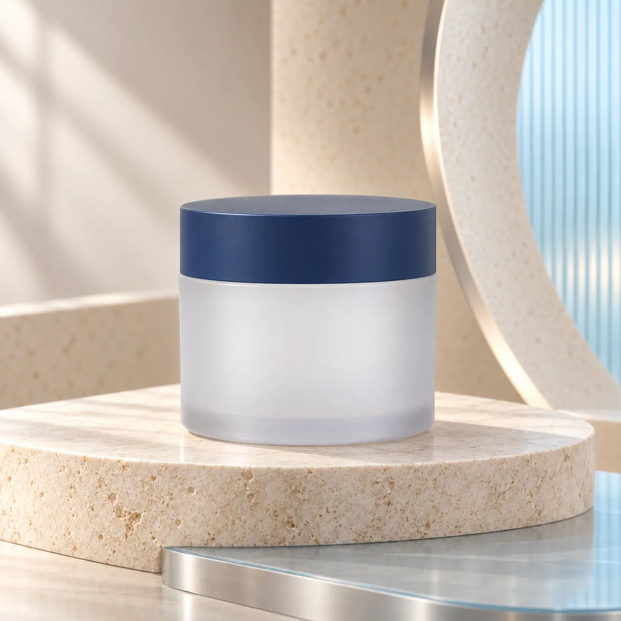 50g matte frosted plastic cosmetic cream jar with dark blue screw lid, refillable jar for face cream and body cream