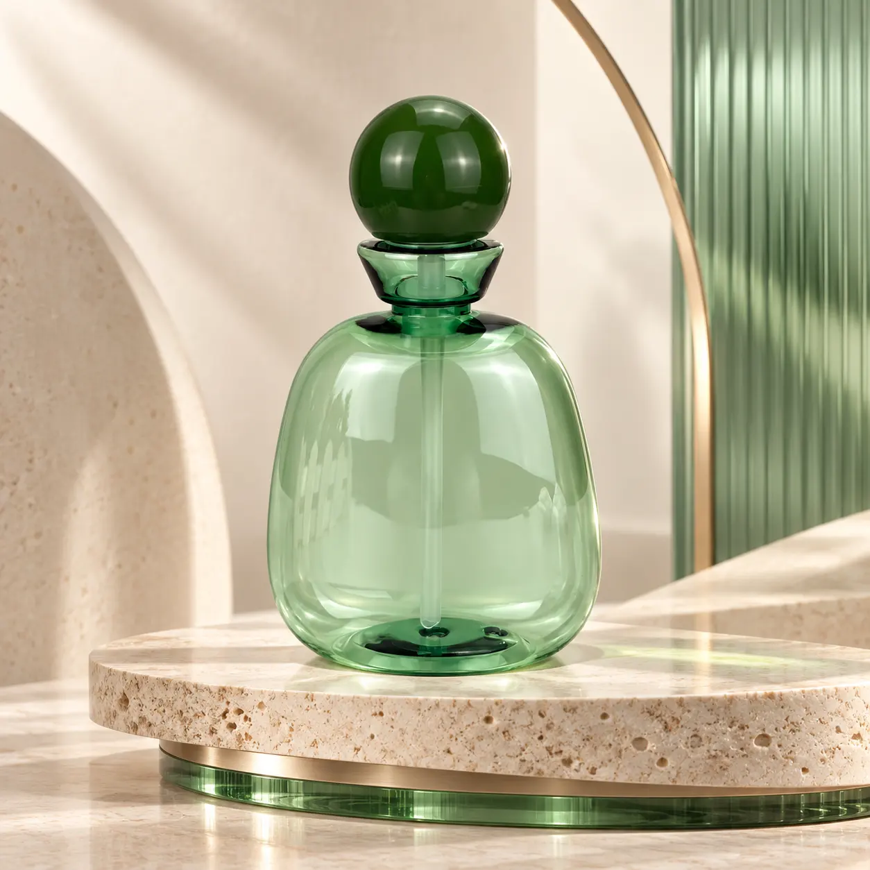 Empty luxury green plastic dose‑controlled mouthwash bottle with unique spherical pump, personal care liquid container