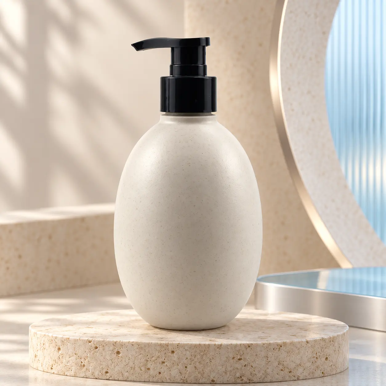 400ml soft touch gray-white egg-shaped round plastic cosmetic lotion pump bottle with black pump head for hair care