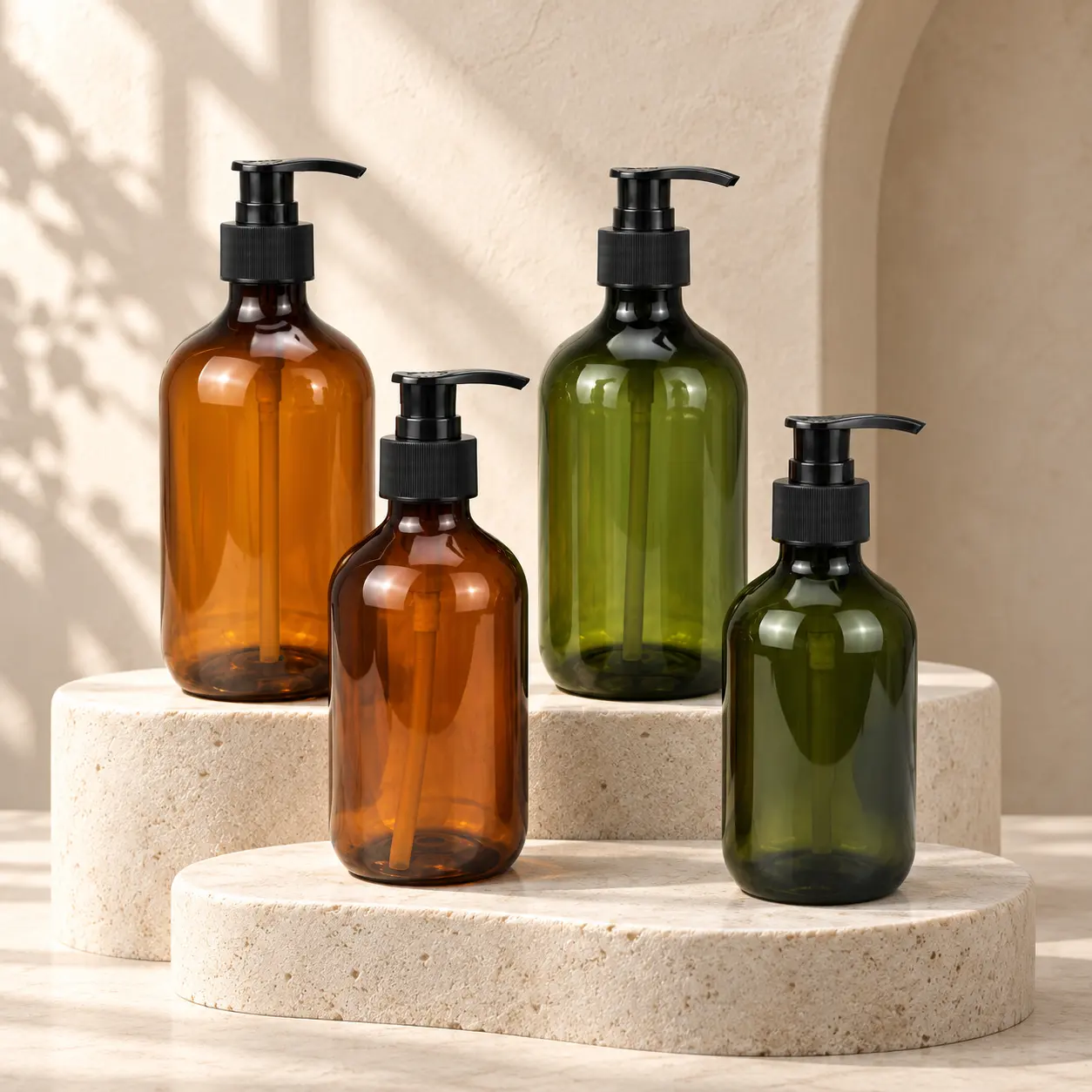 eco leak-proof amber plastic lotion bottle 200ml 300ml 500ml, refillable press container for body wash and skincare