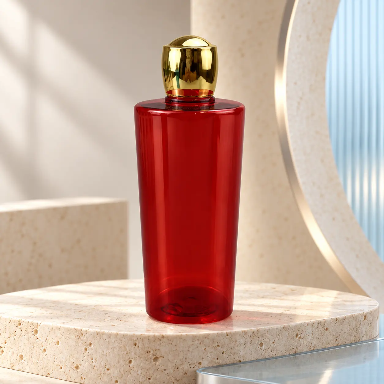 300ml red PET plastic luxury lotion bottle with gold striped ball cap, empty bottle for toner serum and spa products